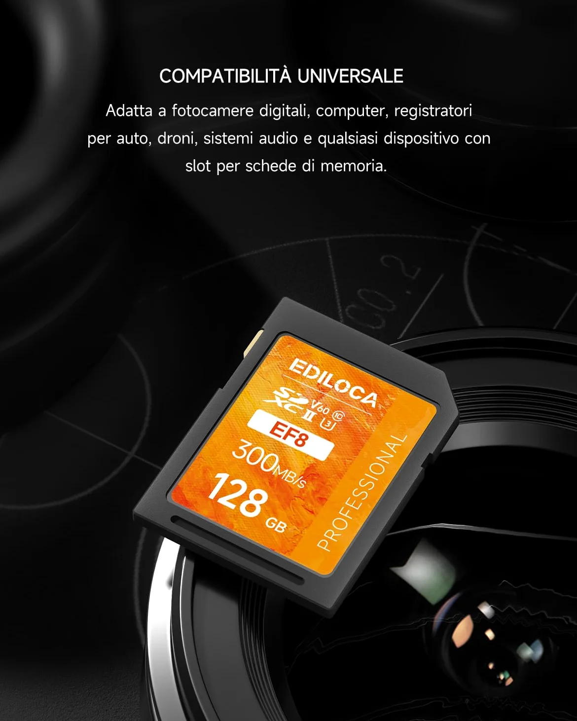 SD Card 128GB UHS-II Classe V60 per Fotocamere Professionali, Scheda SD ad Alta Velocità 300MB/s Impermeabile e Antishock, Memory Card Compatibile con Canon 4K/6K Video (EF8)
