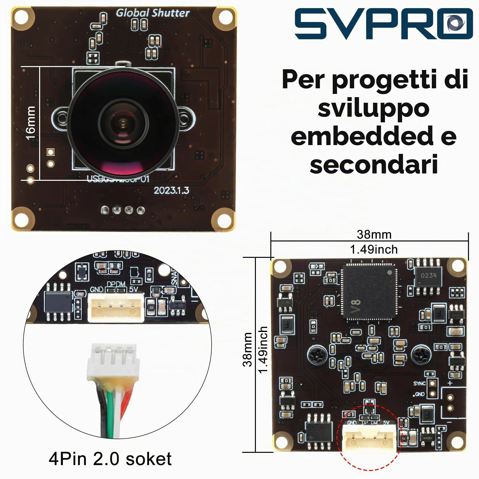 Svpro 2 MP Global Shutter USB Camera Board 90 fps Alta Velocità Webcam Modulo con Obiettivo Fisheye Grandangolo Fotocamera Rallentatore 1920 x 1200 AR0234 Fotocamera per computer, laptop, dispositivo