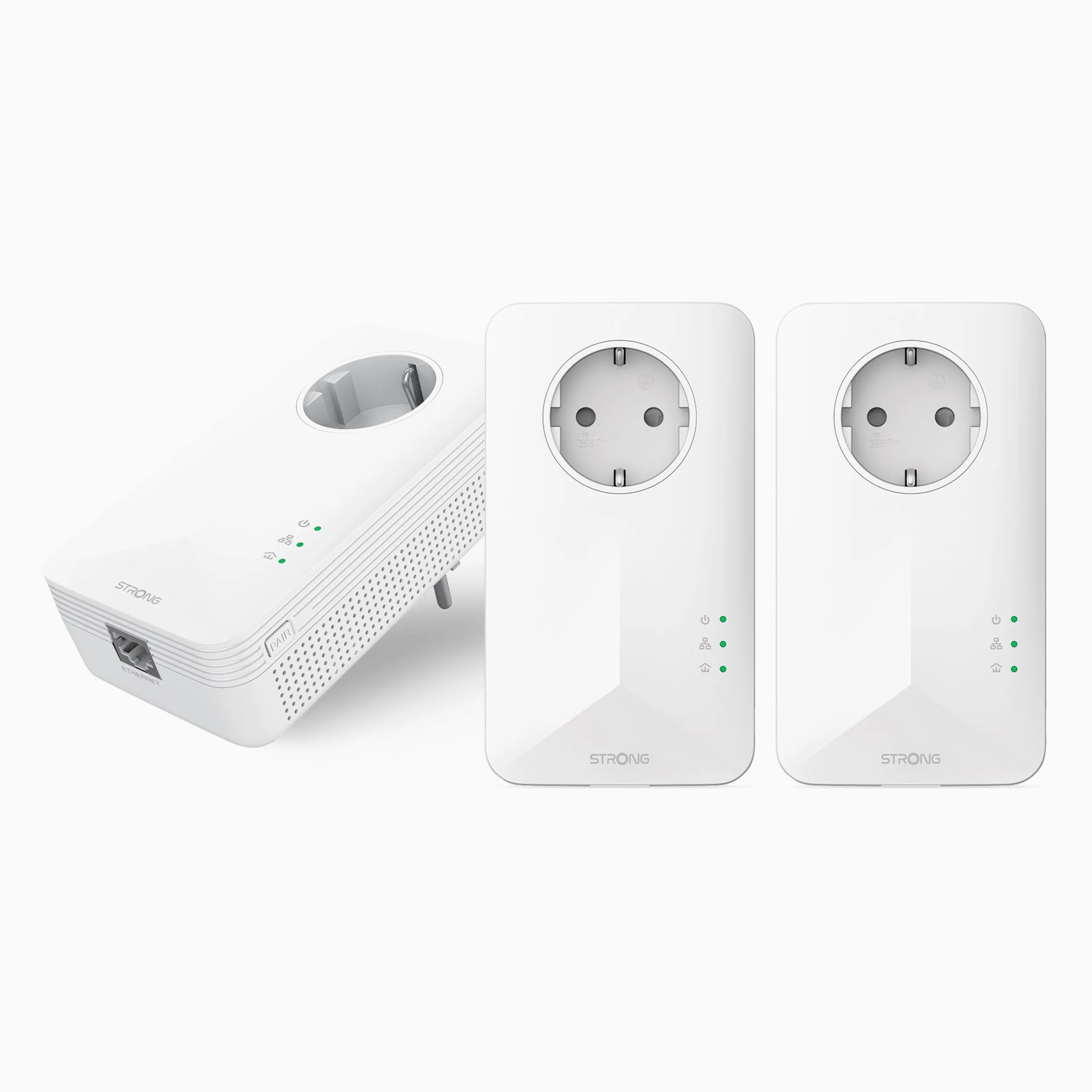 STRONG - Powerline 1000 Triple EU - 3 Adattatori 1000 Mbps - Accesso a Internet Veloce - Presa Passante Schuko - Portata di 300m - Per Tutti i Modem/Router - Ethernet - Installazione Facile - Bianco