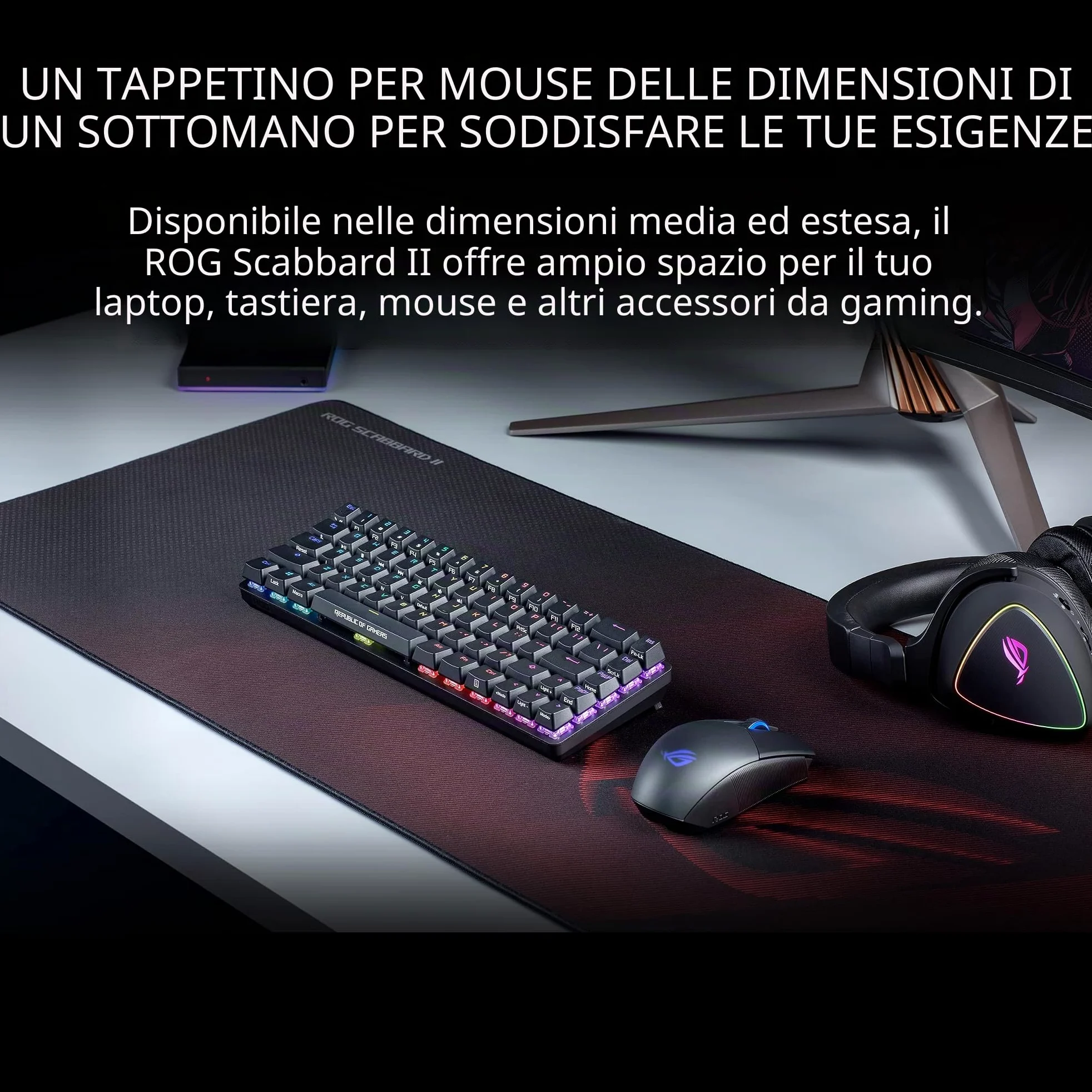 ASUS ROG Scabbard II Gaming Mousepad-Triple Guard Superficie di rivestimento protettivo respinge acqua, olio, polvere, bordi piatti cuciti anti-sfilacciamento, base in gomma antiscivolo, superficie