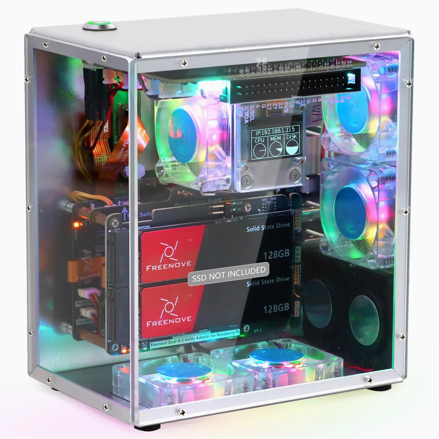 Freenove Raspberry Pi 5 Case Kit Pro, Dual M.2 NVMe SSD Slots, 5 PWM ARGB Fans Light Sync, CPU Tower Cooler, 0.96" OLED Screen, Stereo Speakers, 3.5 mm Audio (SSD NOT Included)