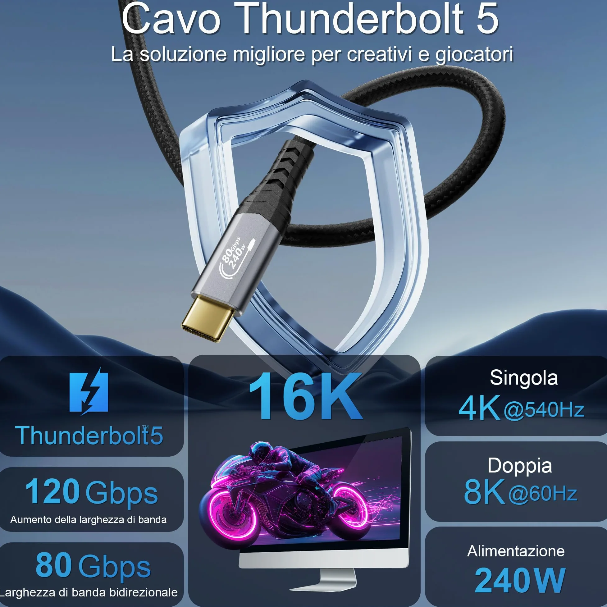 80Gbps USB 4 V2.0 Cavo Thunderbolt 5 3m, unidirezionale fino a 120Gbps, Video 16K/Dual 8K@60Hz, 240W, Compatibile con Thunderbolt 4/3, USB C, Laptop,eGPU,Display,Smartphone