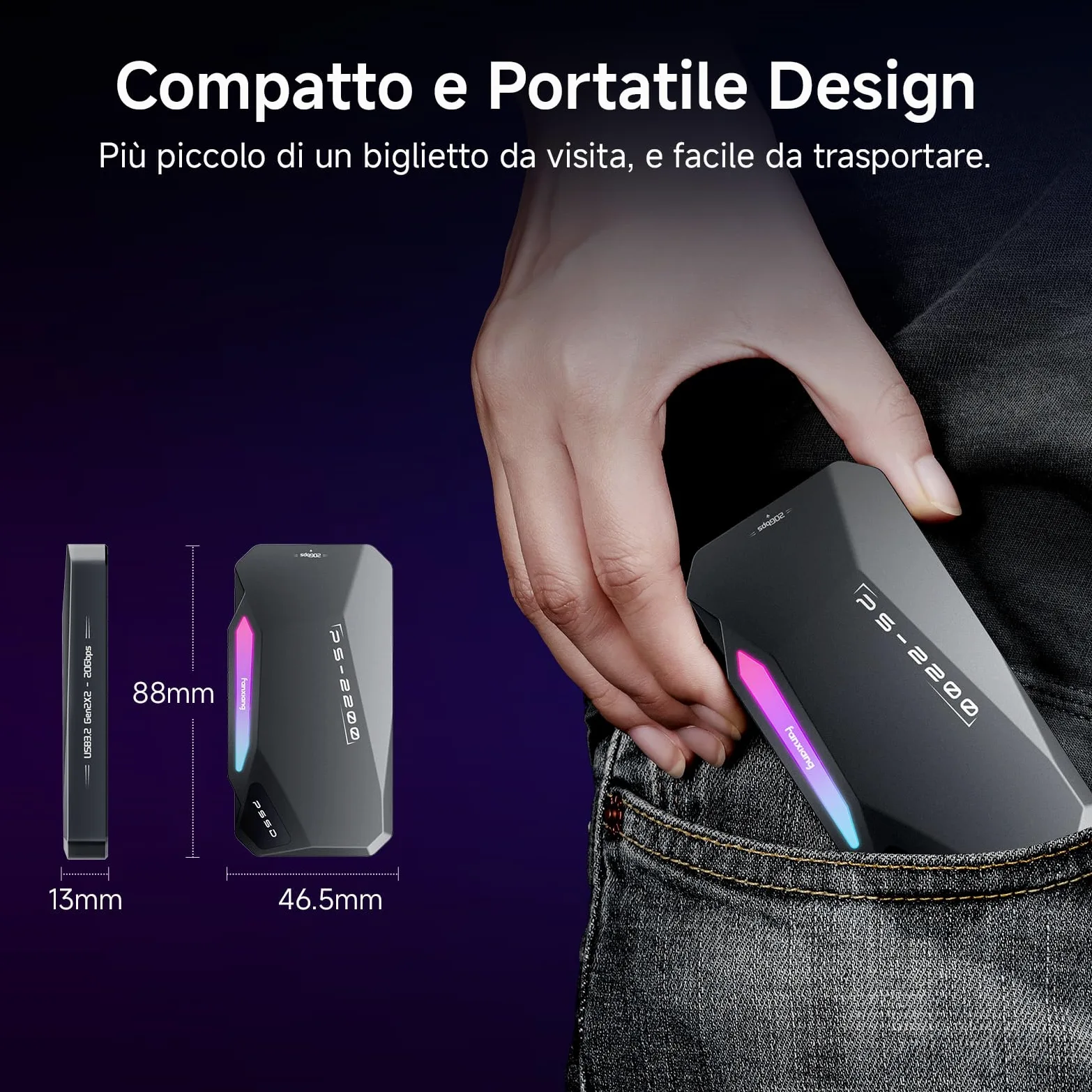 fanxiang 2TB SSD Esterno Magnetico，Fino a 2050MB/s, USB 3.2 Gen2 USB-C, SSD Portatile con RGB LEDs, 4k ProRes HDR, Unità a Stato Solido Esterna per iphone15/16, Android/Pc/Mac-PS2200