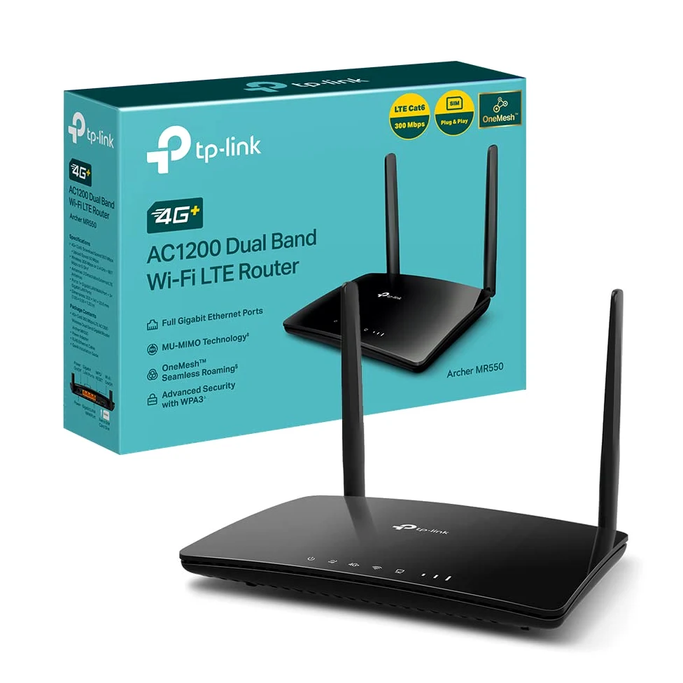 TP-Link Archer MR550 4G+ Cat6 300Mbps Router, Wi-Fi AC1200 Dual Band, 4g Router with Sim, Nano SIM, Gigabit LAN/WAN Port, MU-MIMO, No Configuration, TP-Link OneMesh Technology