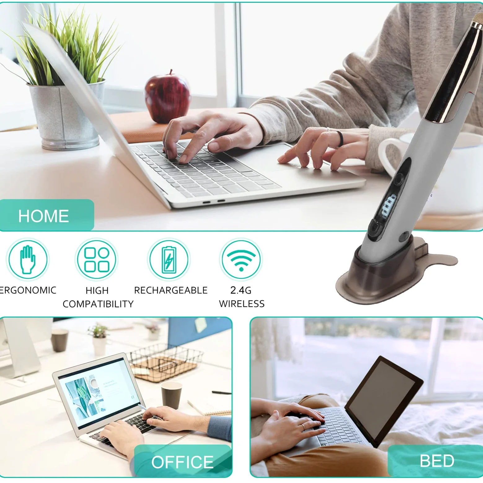 Mouse Ottico Tascabile Wireless USB Ricaricabile 2.4G, Mini Ergonomico Con Scrittura a Mano Regolabile DPI per Desktop Notebook (Grigio Argento)