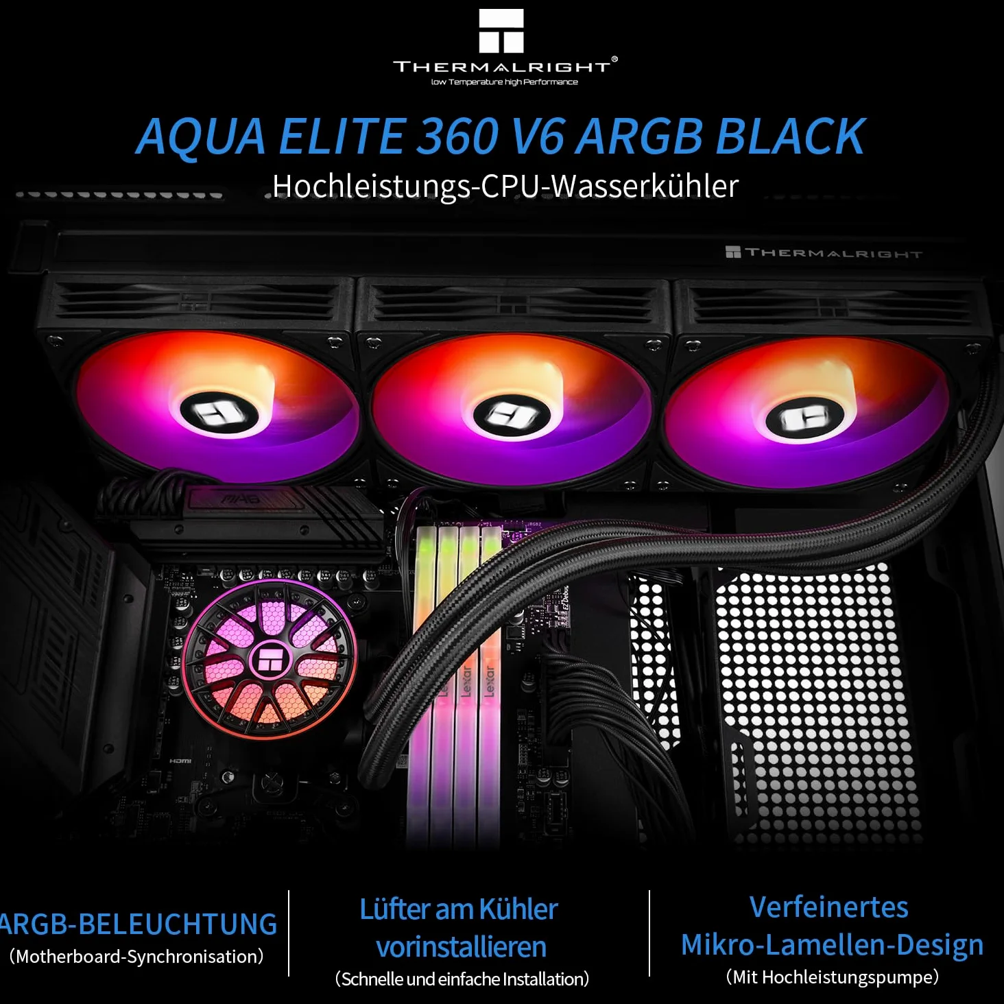 Thermalright AQUA ELITE 360 V6 ARGB Black CPU, 360, radiatore ad acqua 3 x 120 mm, AMD: AM4/AM5, Intel LGA115X/1200/2011/1700/1851, AIO CPU Cooler