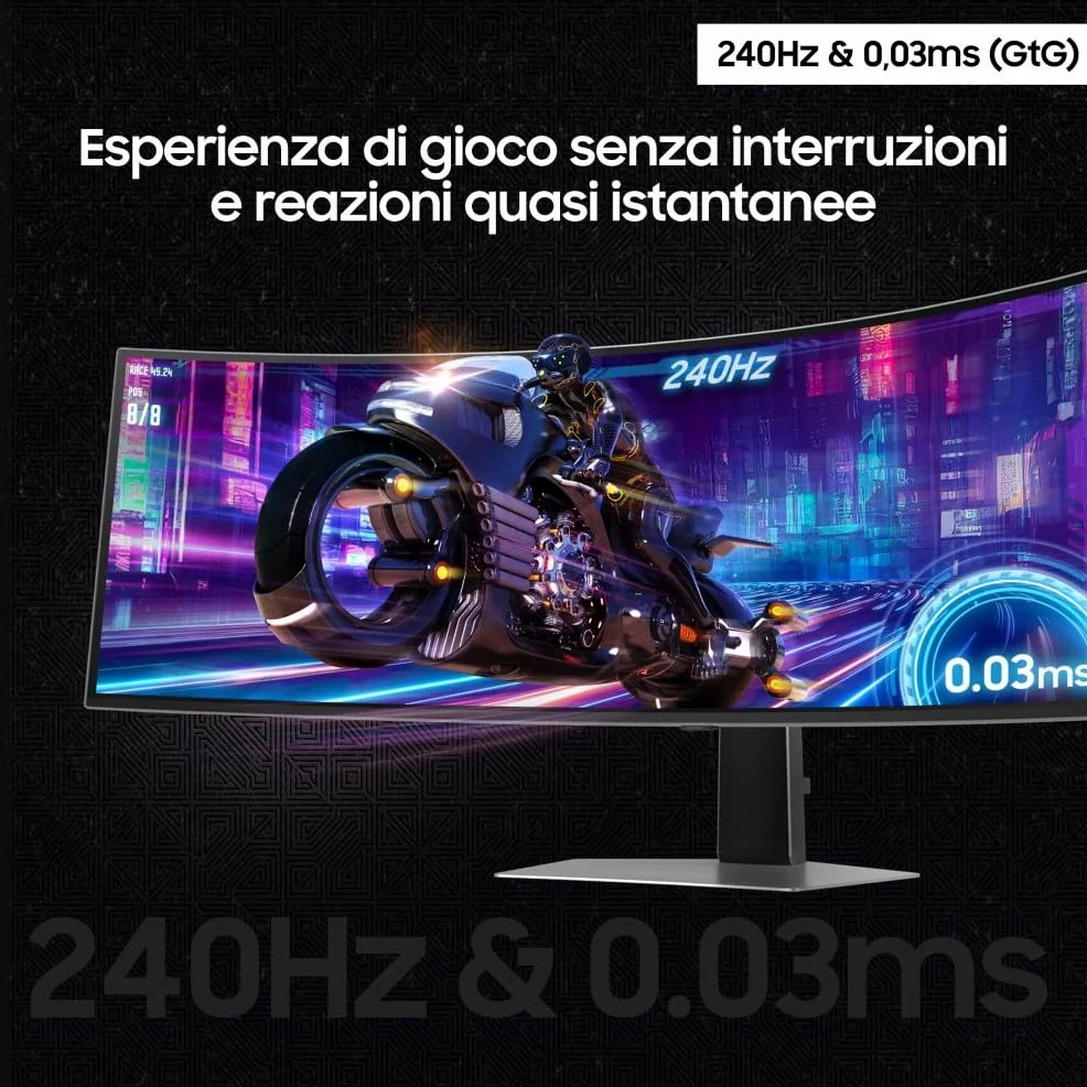 Samsung Monitor Gaming Odyssey OLED G9 (S49DG934), Curvo (1800R), 49'', 5120x1440 (DQHD), 32:9, HDR10+, QD-OLED Glare Free, 240Hz, 0,03ms (GtG), Compatibilità G-Sync, HDMI, Micro HDMI, DP