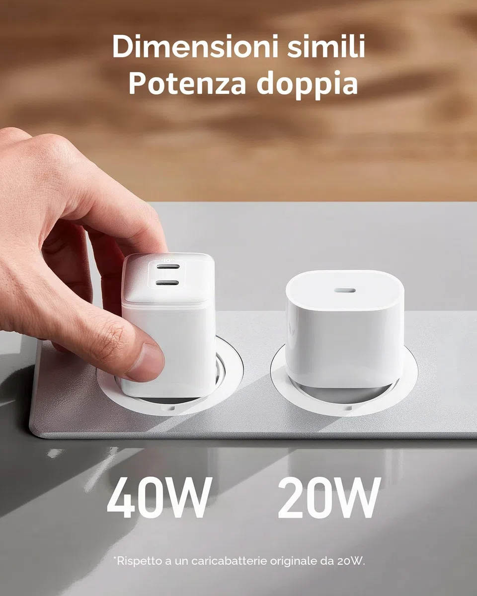 Anker Nano 521 Caricatore USB C 40W, Compatto PIQ 3.0 a Doppia Porta USB-C, Compatibile con iPhone 17 Pro Max/Serie 16-12, iPad Mini, MacBook Air e Altro (Bianco)