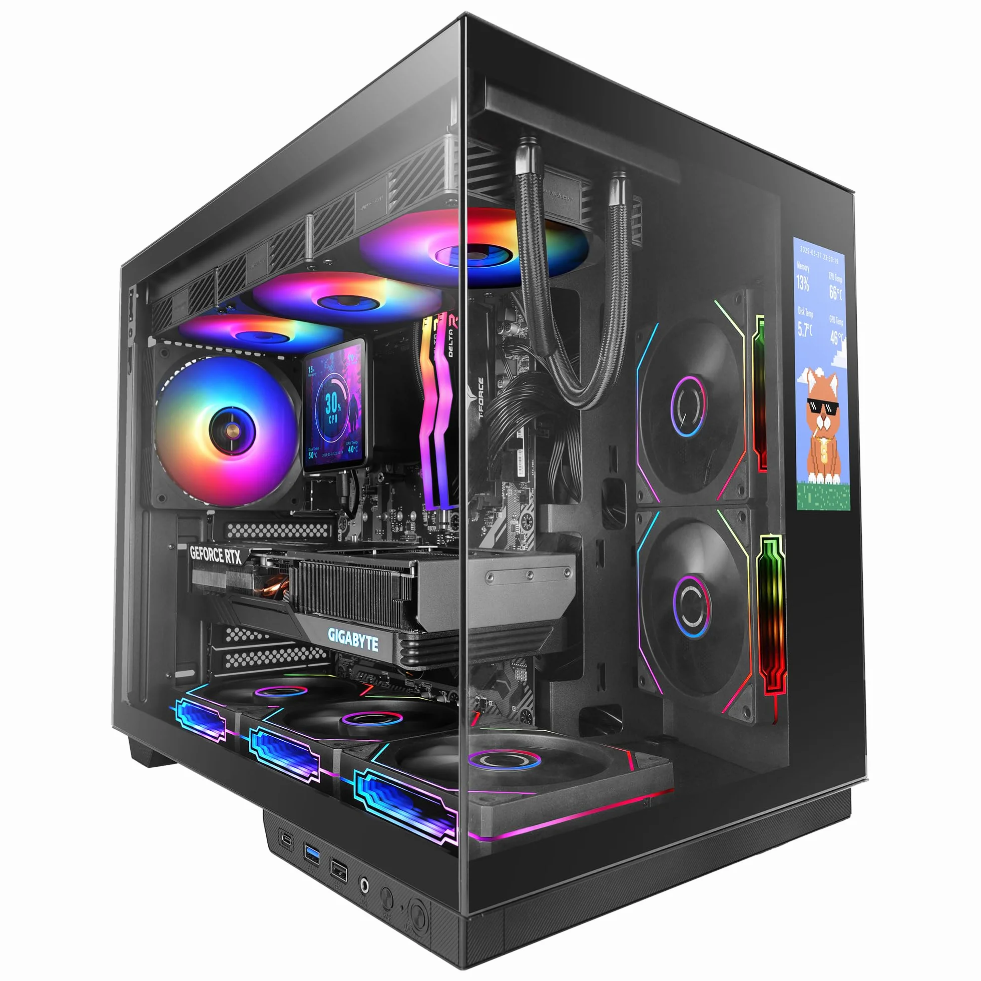 Mars Gaming MC-MIRAGE, Case Gaming ATX, Schermo LCD IPS 7,2” Personalizzabile, Vetro Temperato Continuo Frontale e Laterale, Struttura Doppia Camera, Supporto Raffreddamento Liquido fino 360mm, Nero