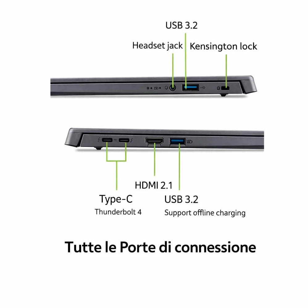 Acer Notebook, Intel Ultra7 155U Meteor Lake, Ram DDR5 32Gb, SSD Pci da 1 Tb, Display WUXGA 16" FHD+, Tastiera qwerty retroilluminata, fingerprint, Wi-Fi 6, thunderbolt 4, Hdmi, pronto all'uso