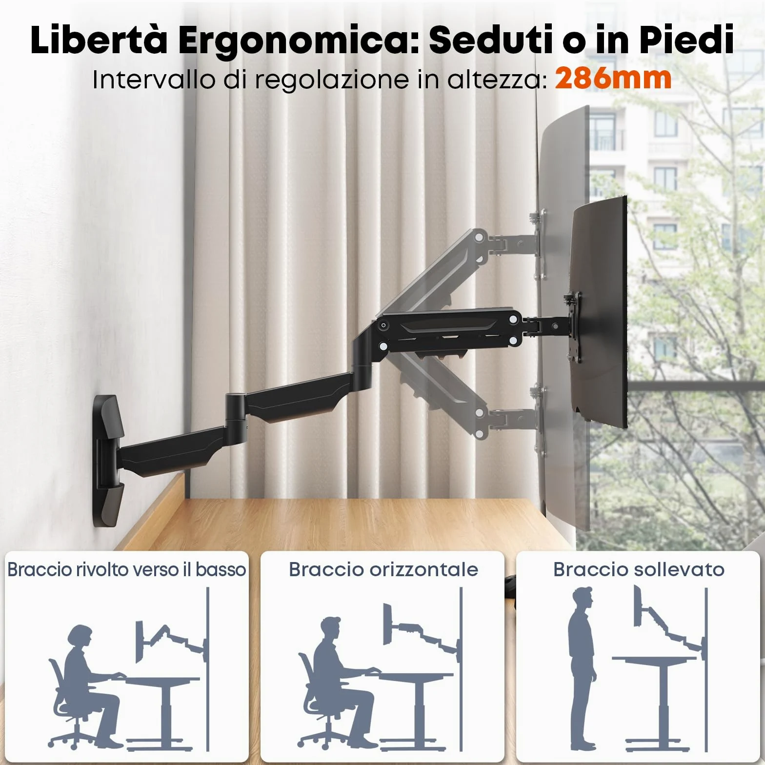 Braccio da Parete per Monitor 17-32 Pollici - Supporto Extra Lungo con Ammortizzatore a Gas Regolabile, per Schermi LED/LCD/TV fino a 9 kg, VESA 75/100, Nero