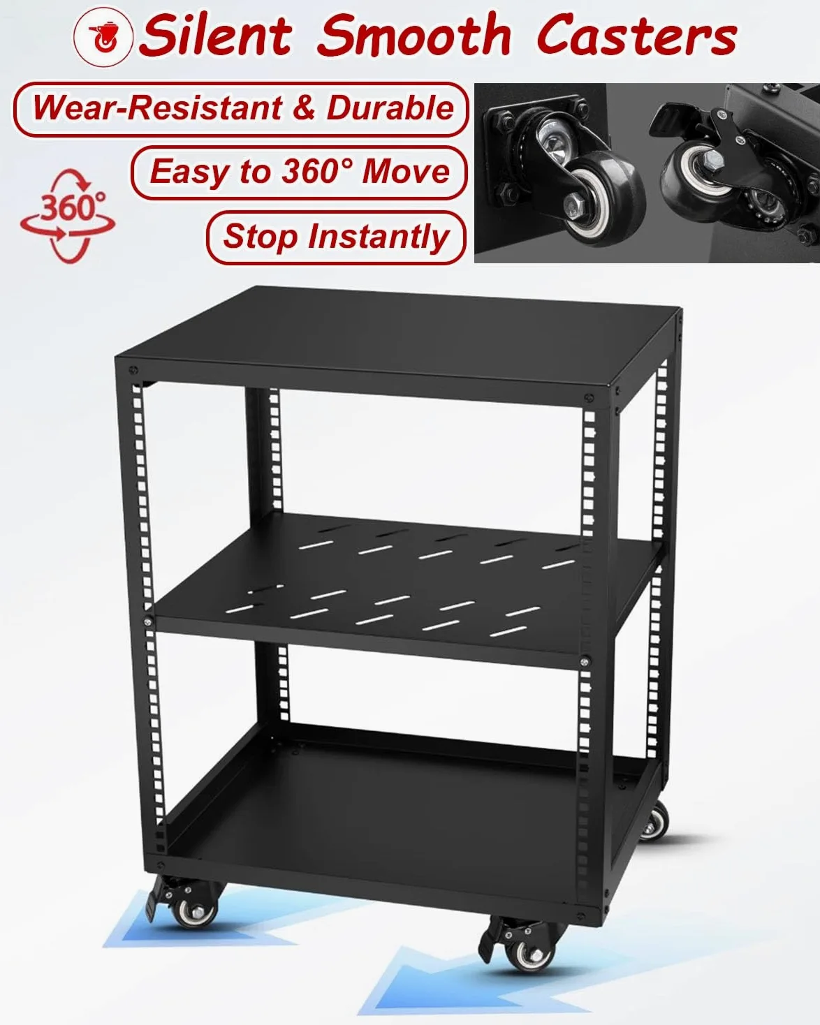 Vibeo Rack di Rete a Telaio Aperto Rack per Server Ventilato con Ripiani e 4 Ruote, Rack di Rete a Telaio Aperto 12U 16U 20U, Sistema Rack Audio per Apparecchiature di Rete da 48 cm(12U,1 Tier)