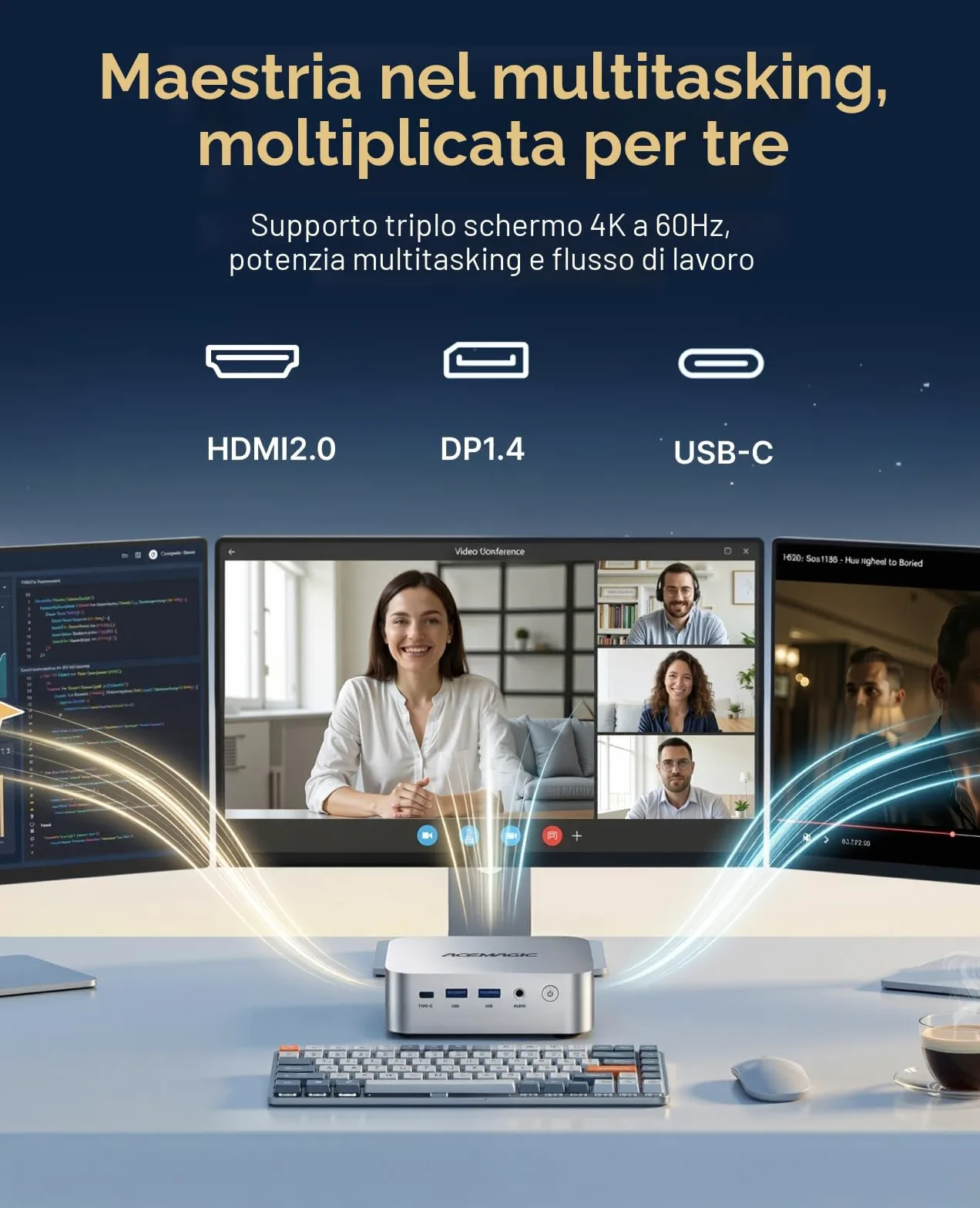 ACEMAGICIAN Kron Mini K1 Mini PC, AMD Ryzen Embedded R2544 (Fino 3,7 GHz), 8GB DDR4 256GB M.2 2280 SSD, Mini Desktop Computer W-11 Pro,Wifi 5/BT4.2/4K UHD, per Ufficio