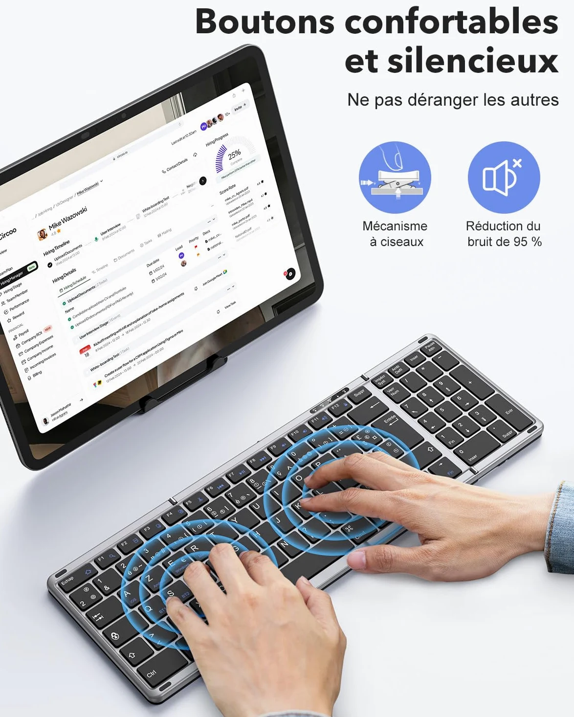 OMOTON Tastiera e mouse wireless pieghevole con tastierino numerico, tastiera bluetooth AZERTY ricaricabile, full-size portatile Keyboard per Android Windows iOS Mac iPad Tablet PC - grigio siderale