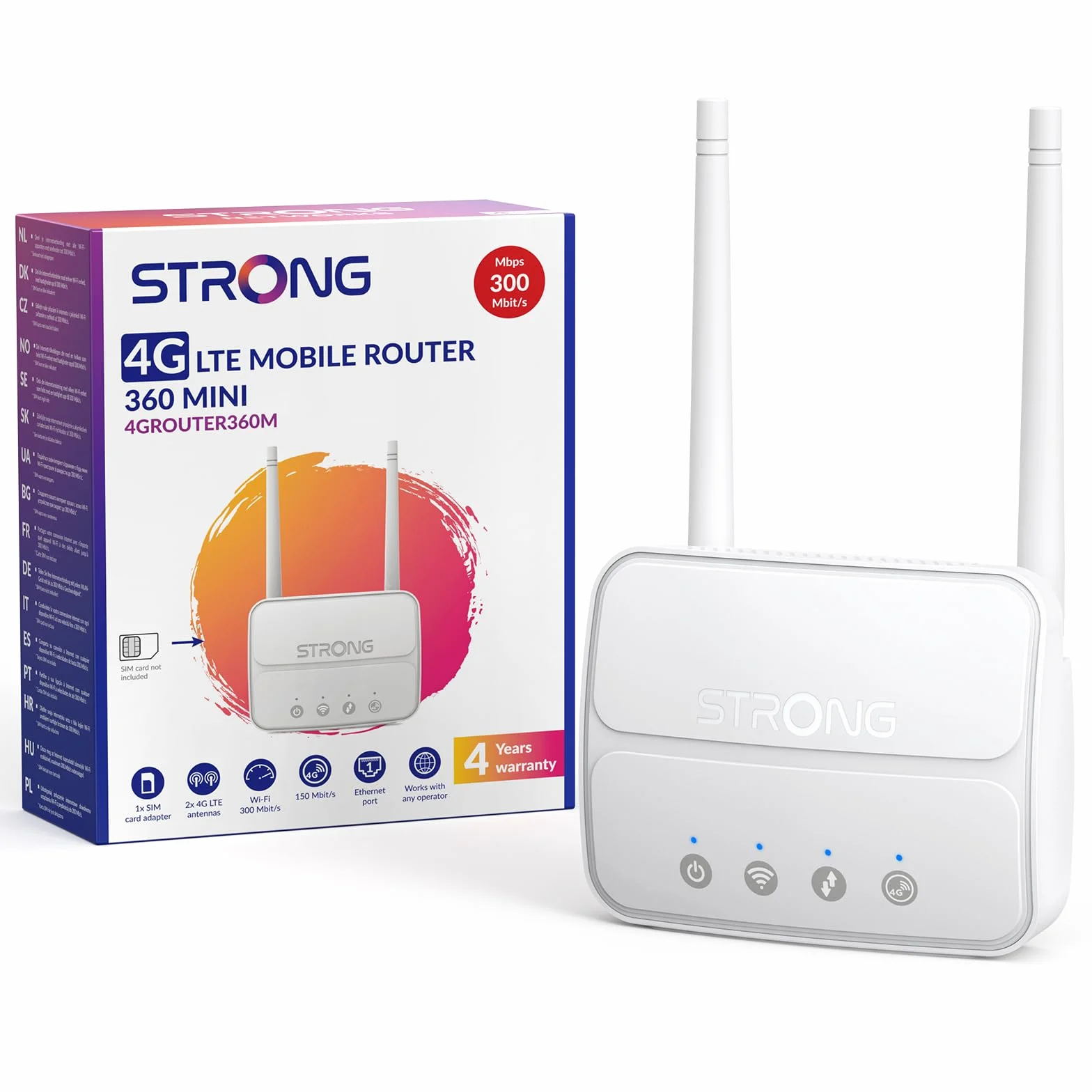 Strong Router WiFi N300 Mbps con SIM, Router 4G Cat4 LTE, Porta LAN 100 Mbps, Antenne Staccabili, Plug and Play, Supporta fino a 32 Dispositivi, USB 3.0, Rete Sicura (4GROUTER360M)