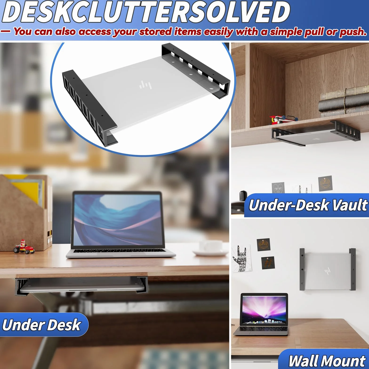 sciuU Supporto Sotto Scrivania/da Parete, Portaoggetti Multifunzione per Laptop, Tablet, Tastiere, Modem, TV Box, Organizer Salvaspazio per Scrivania e Parete, per Dispositivi < 4 cm