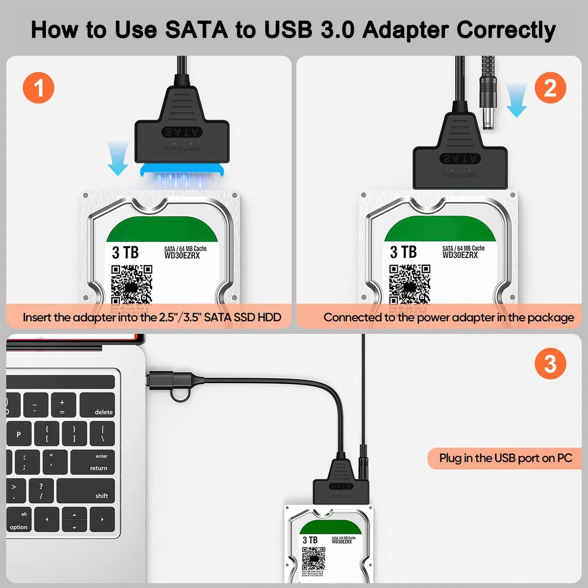 Cavo dati da SATA to USB Adattatore da USB 3.0 a disco rigido sata,Compatibile con dischi rigidi esterni e interni Adattatori SSD/HDD da 2,5 3,5 pollici Supporto per sistemi operativi Windows, Mac