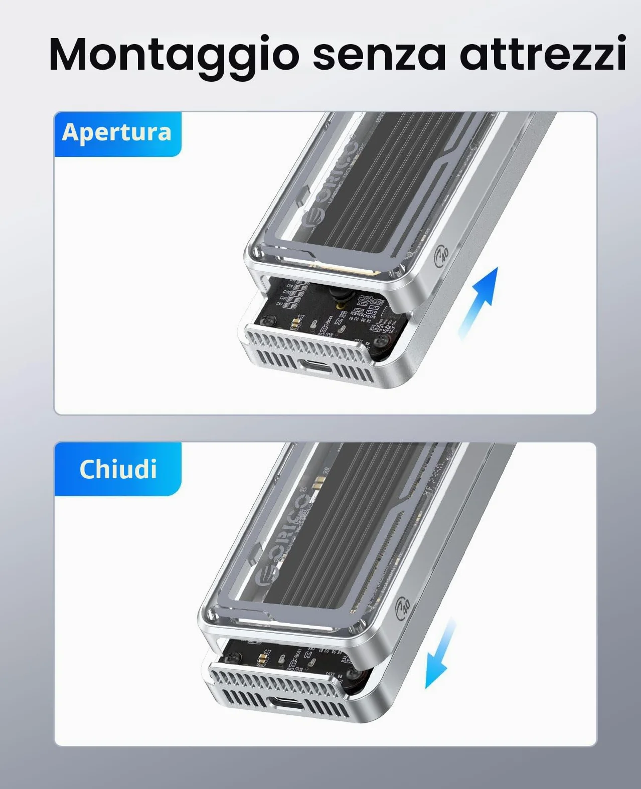 ORICO 40Gbps Case SSD M2 NVMe, Adattatore SSD M.2 NVMe USB Con Ventilatore Incorporato, Compatibile Thunderbolt 3/4 USB 3.2/3.1/3.0/2.0, Esterno Enclosure per M-Key SSD 2230/2242/2260/2280