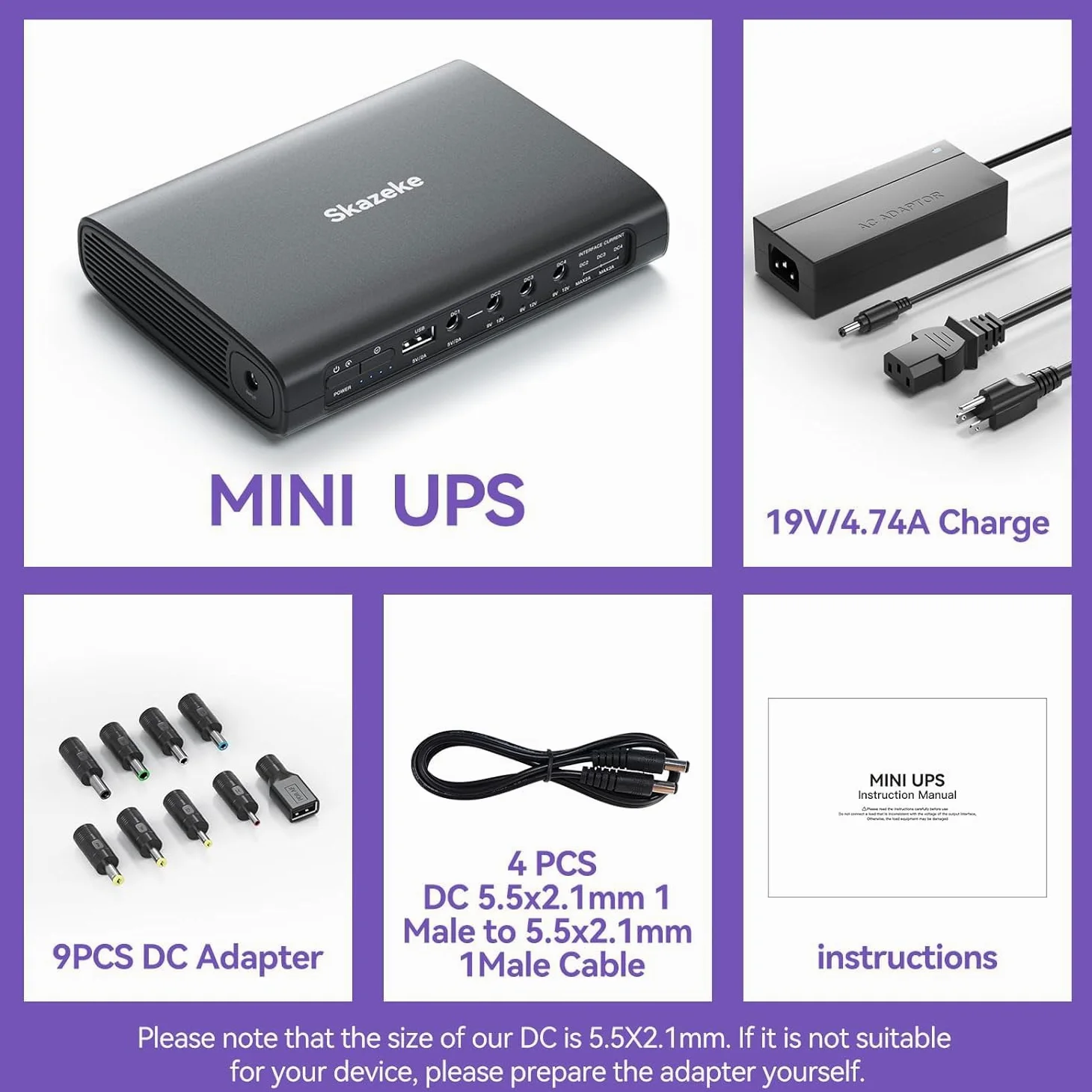 Mini UPS Skazeke 20000 mAh Mini UPS con 5 uscite DC 5V/9V/12V/3A,USB 5V/3A, alimentazione Wi-Fi senza interruzioni per router/modem/telecamera IP/pompa