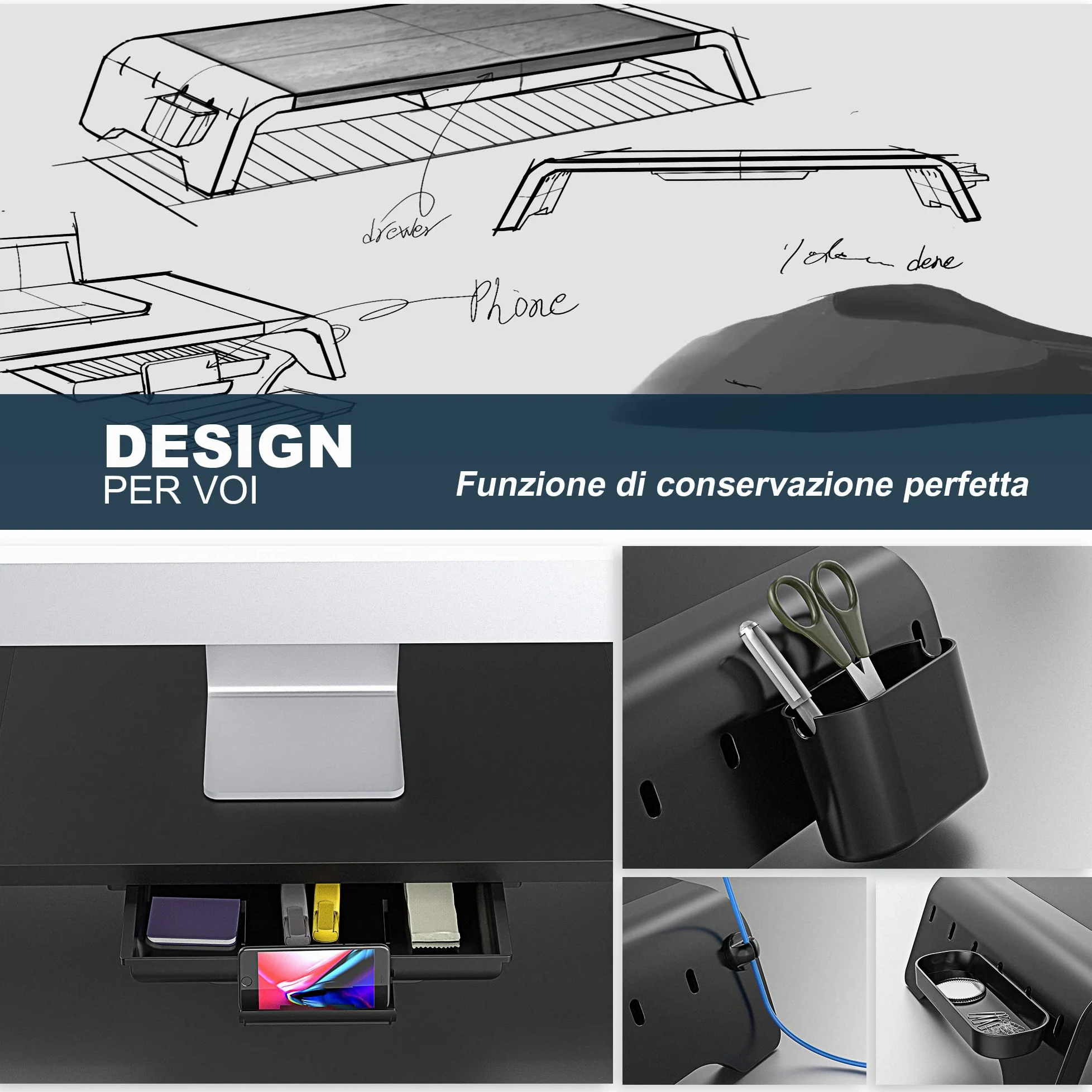 Fenge Supporto Monitor Regolabile in Lunghezza e Angolazione per 2 Monitor Supporto per Monitor in Legno con Cassetto, Scatole Di Stoccaggio Mobili 74-107x 23,5x 8,9cm Nero G04B1102B