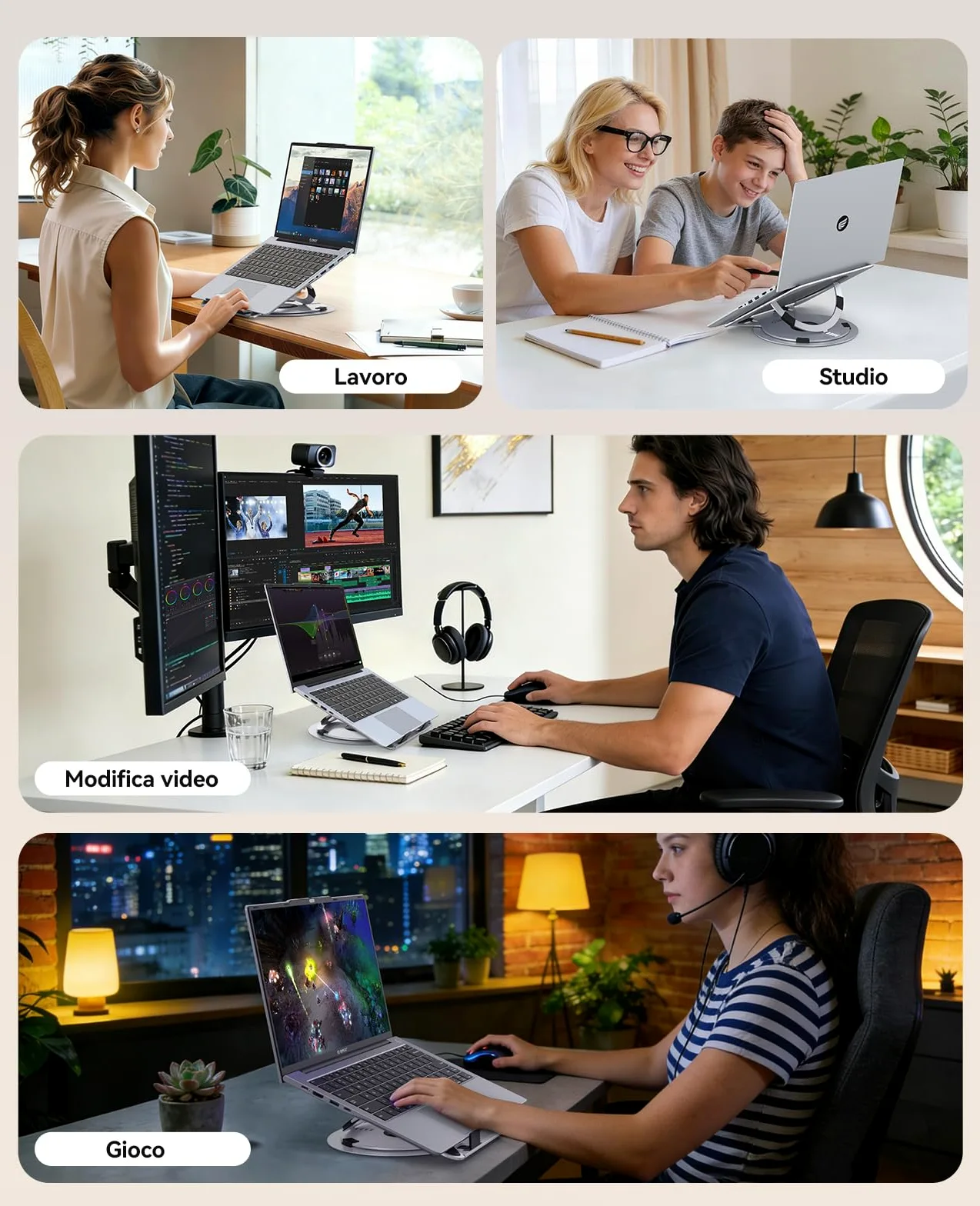 ORICO Supporto PC Portatile Regolabile, Laptop Stand Ventilato con Base Girevole a 360°, Supporto Laptop Ergonomico Pieghevole per Scrivania, Compatibile con Notebook da 10-17" - NS1, Argento
