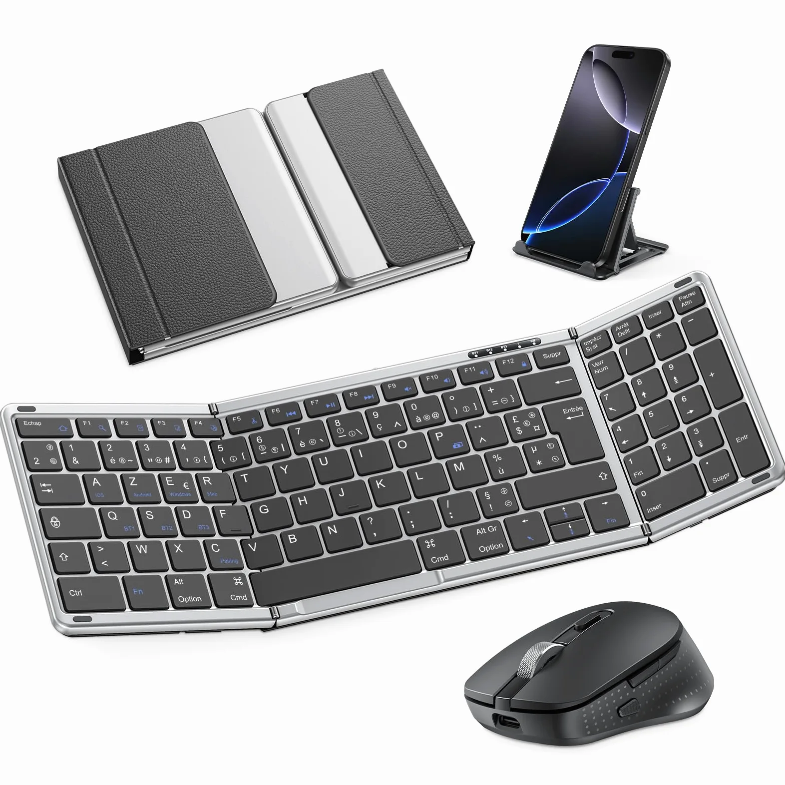 OMOTON Tastiera e mouse wireless pieghevole con tastierino numerico, tastiera bluetooth AZERTY ricaricabile, full-size portatile Keyboard per Android Windows iOS Mac iPad Tablet PC - grigio siderale