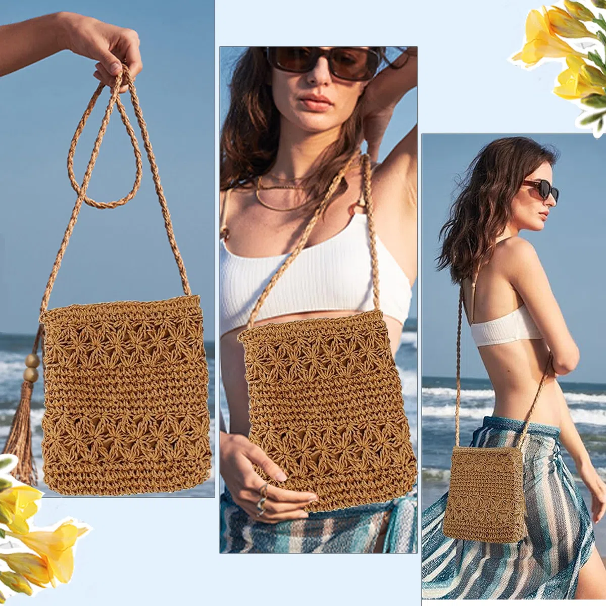 Moda Classica Pochette Donna, Borsa Mare Paglia in Stile BohéMien, Tracolla Retrò con Nappe E Cerniera per Incontri, Gita in Spiaggia (Marrone)