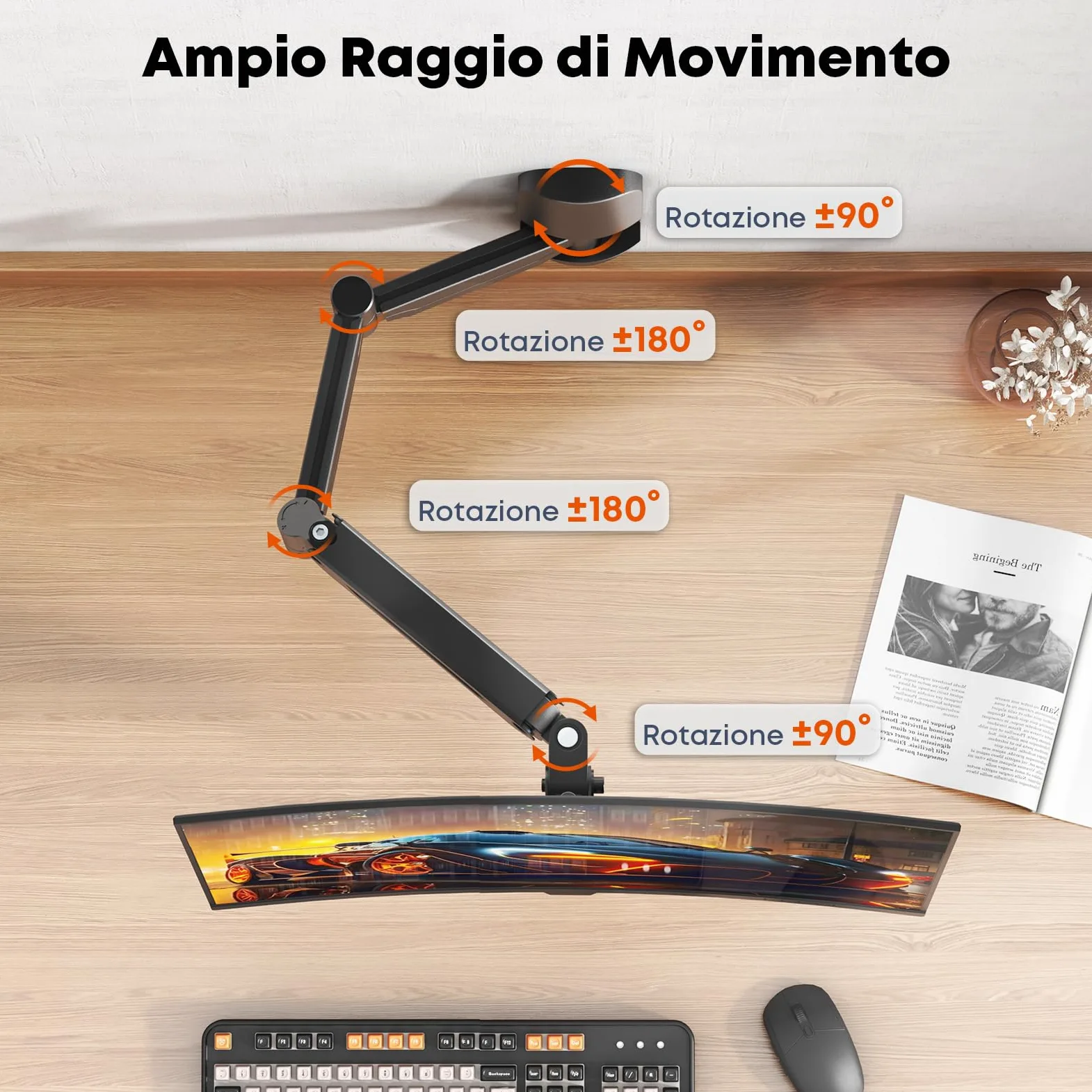 Braccio da Parete per Monitor 17-32 Pollici - Supporto Extra Lungo con Ammortizzatore a Gas Regolabile, per Schermi LED/LCD/TV fino a 9 kg, VESA 75/100, Nero