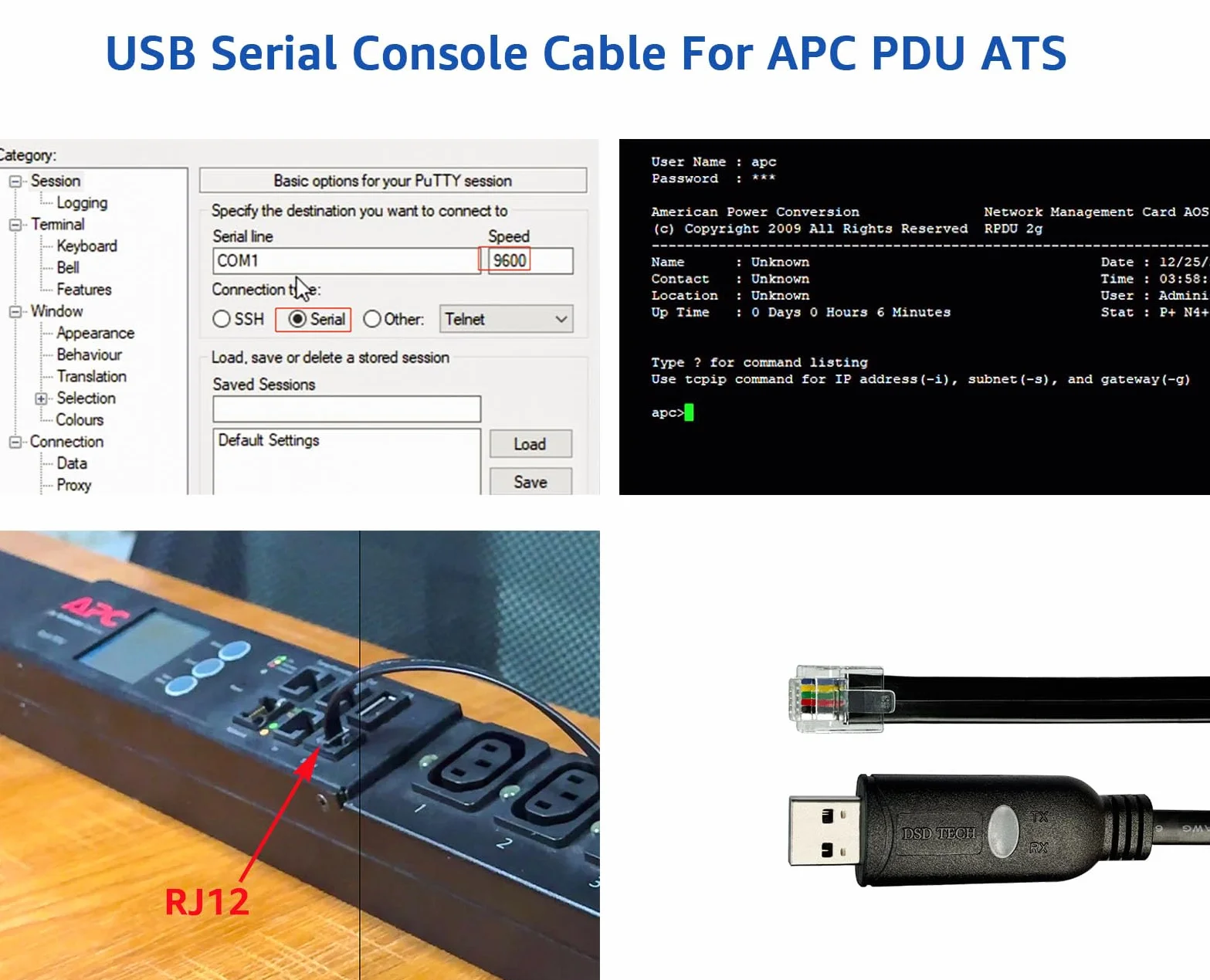 DSD TECH SH-RJ12C Cavo seriale USB a RJ12 6P4C RS232 per PDU APC ATS 1.8M
