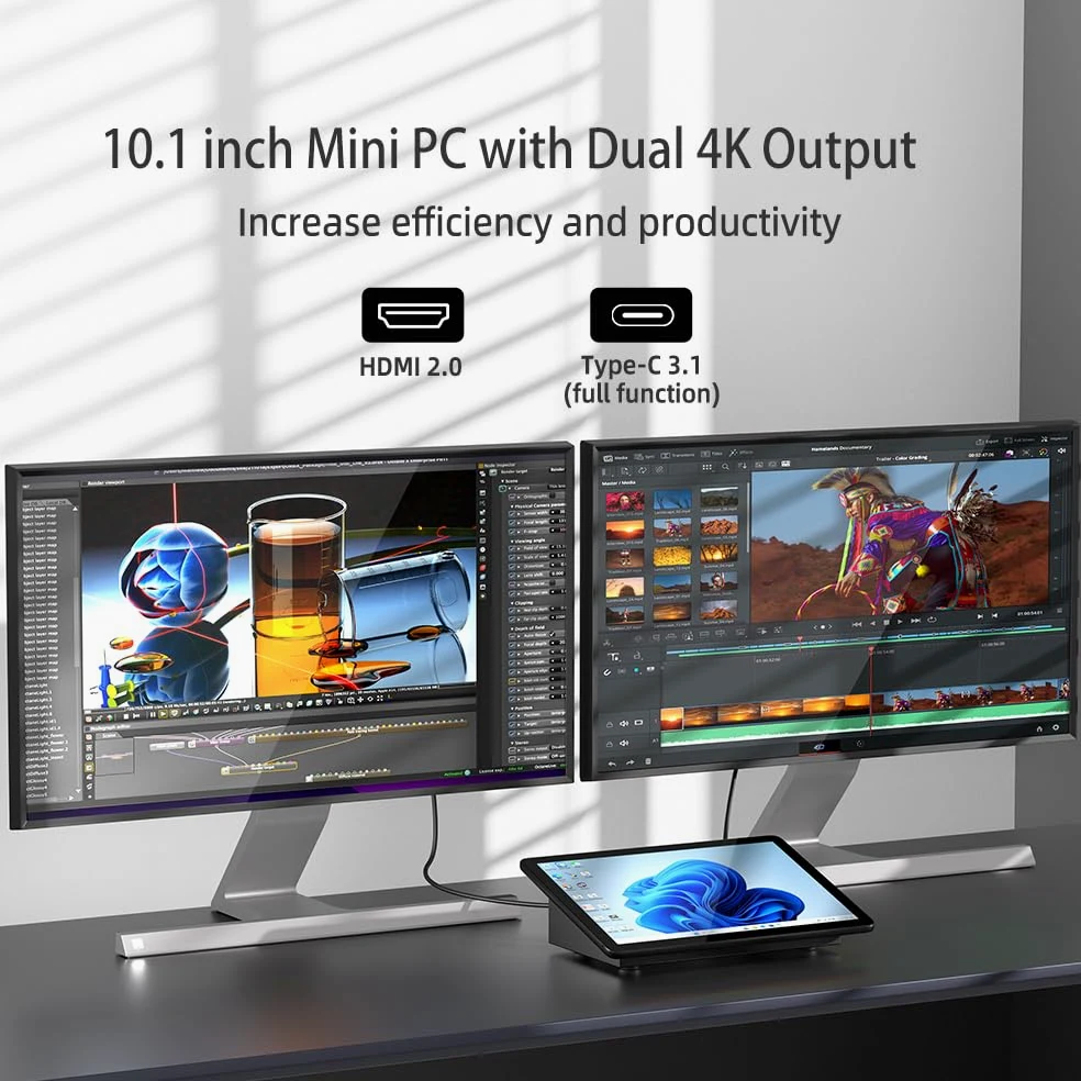 Computer Mini PC Mini Desktop PC con Schermo Tattile 10,1 Pollici, N5095 Win 11 Pro pc-mini Portatile 8GB RAM, 128GB ROM, Batteria 5000mAh, Display 4K HDMI&Tipo C, RS232, WiFi5,0, BT5,0