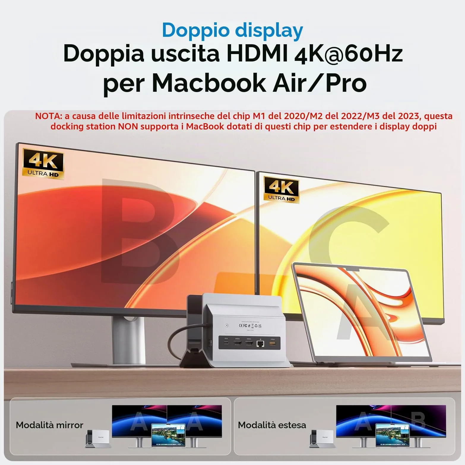 MacBook Docking Station Dual Monitor, Docking Station USB C per laptop con 2 HDMI 4K@60Hz, USB A/C 10Gbps, PD, Ethernet, M.2 SSD Case, Vertical Dock Stand SD/TF per MacBook Pro Air M3 M4 M5