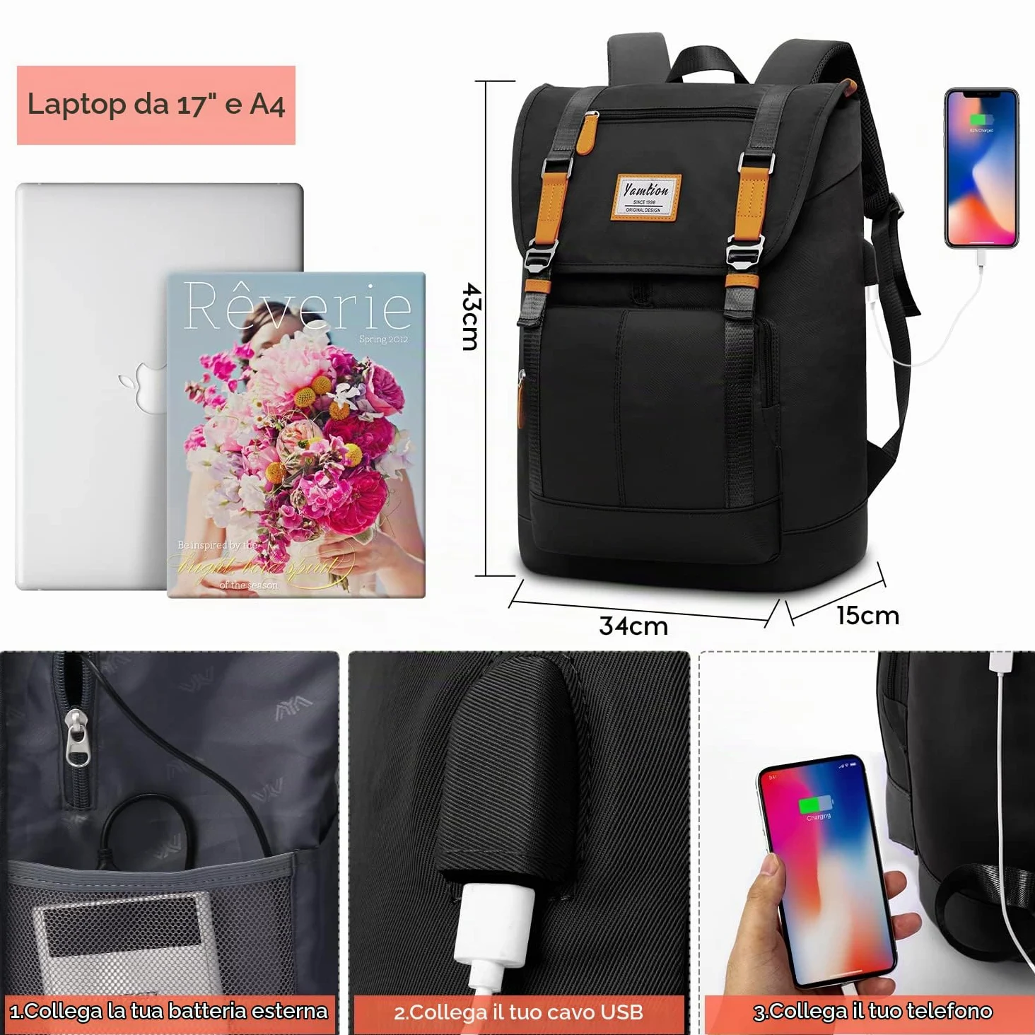 YAMTION Zaino Scuola Superiore per Donna e Uomo,Zaini per PC Portatili 17" per Lavoro Viaggi università Ufficio