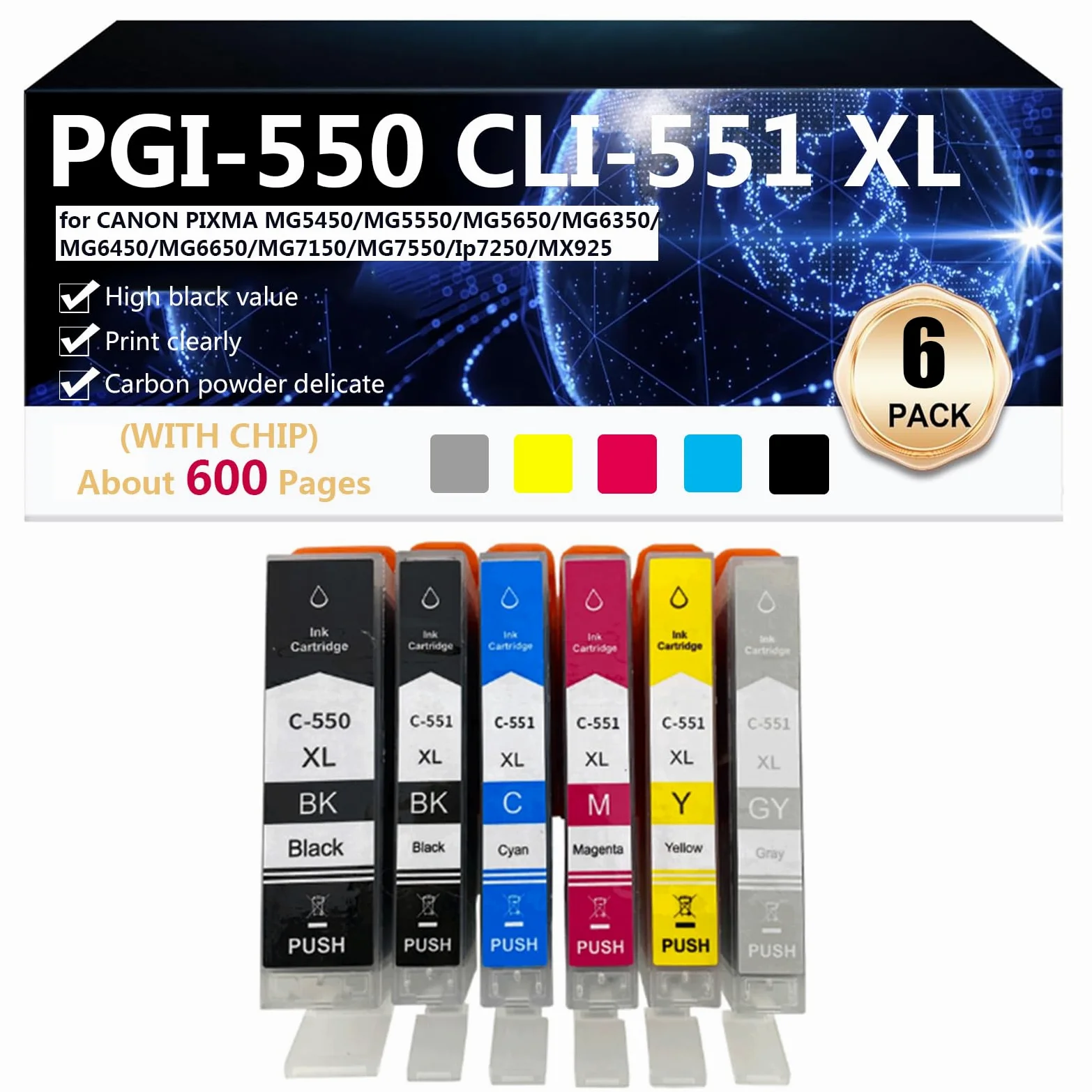 Cartucce D'inchiostro Compatibili per 550BK 551BK C M Y GY per CANON PIXMA MG5450 MG5550 MG5650 MG6350 MG6450 MG6650 MG7150 MG7550 Stampante Cartucce D'inchiostro ad alta Resa, 600 Pagine,1 set