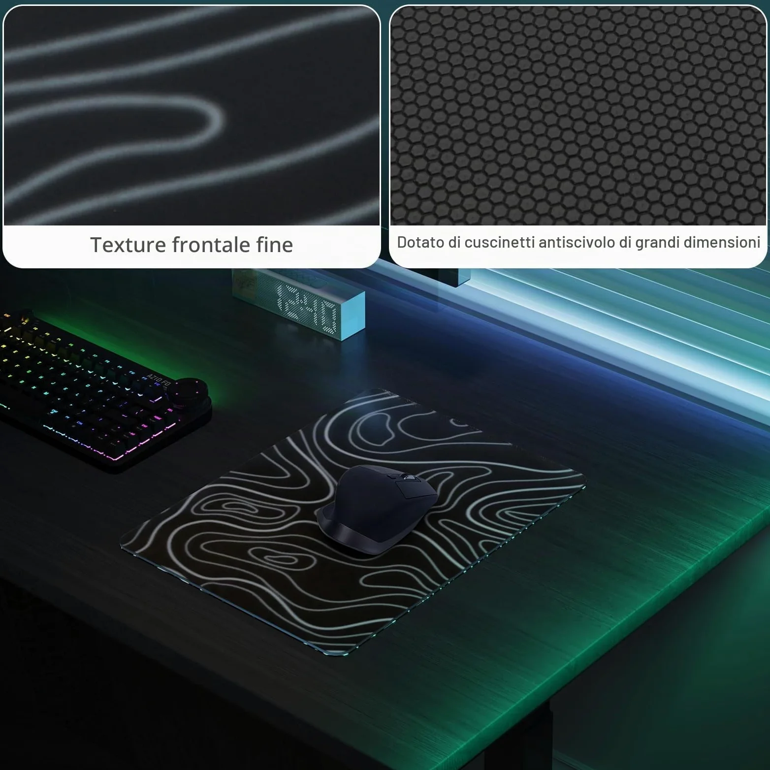 DAWNTREES Tappetino per mouse da gioco in vetro, tracciamento preciso e veloce, in vetro temperato, base in gomma antiscivolo, tappetino XL per gamer, ufficio e casa, topografico nero