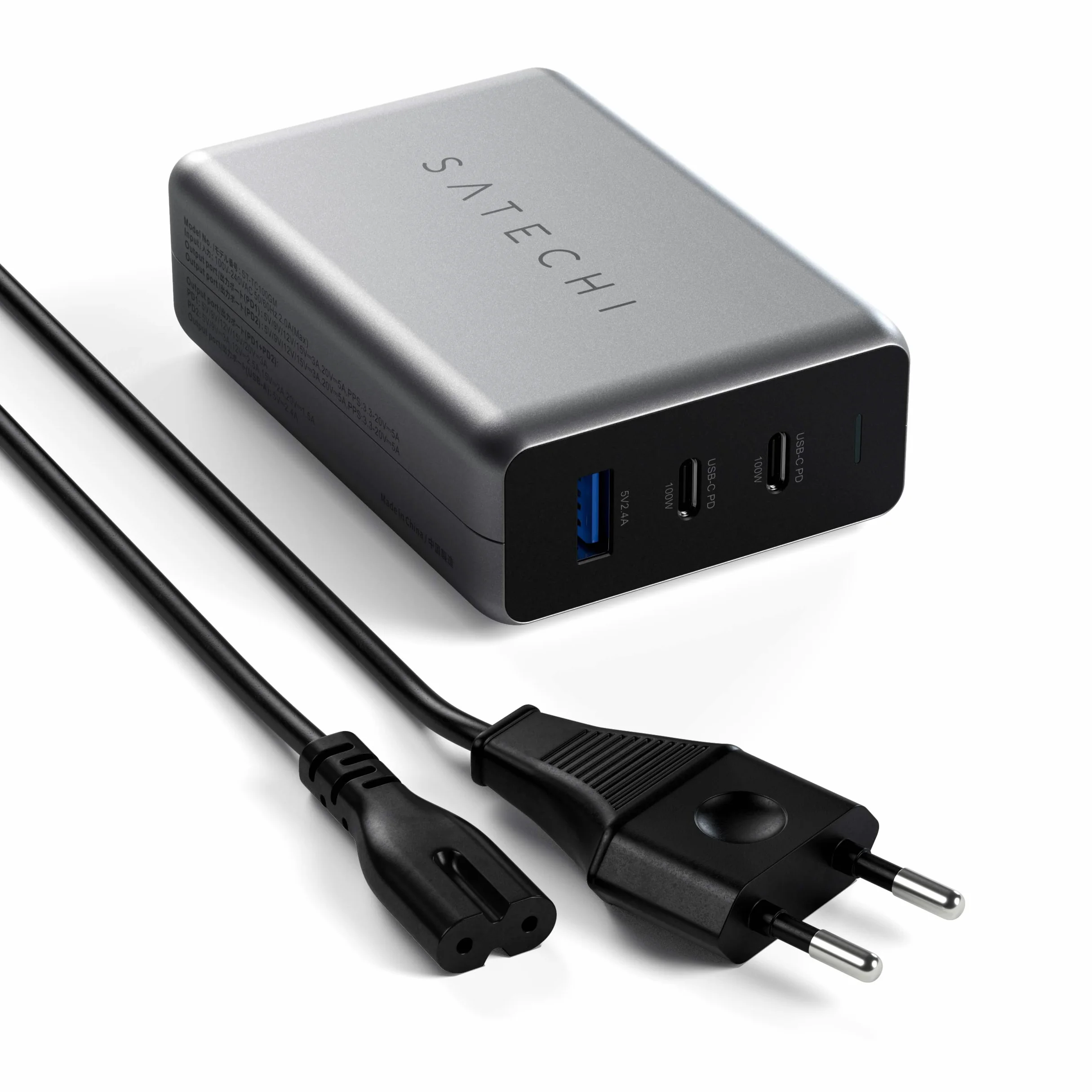 SATECHI Caricatore USB C GaN 100W, 3 Porte, Compatto | 2x Porte USB-C e 1x USB-A, per MacBook Air/Pro/Neo, iPad, iPhone, AirPods, Apple Watch, Android e Windows