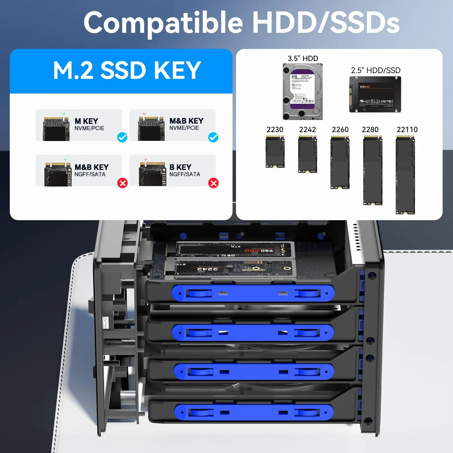 CENMATE Alloggiamento per disco rigido ibrido 3*3.5 HDD+3*M.2 NVMe con ventola per 2.5/3.5" SATA HDD/SSD e M Key/B+M Key 2230/42/60/80/110 M.2 SSD, cavo USB A/C 3.2