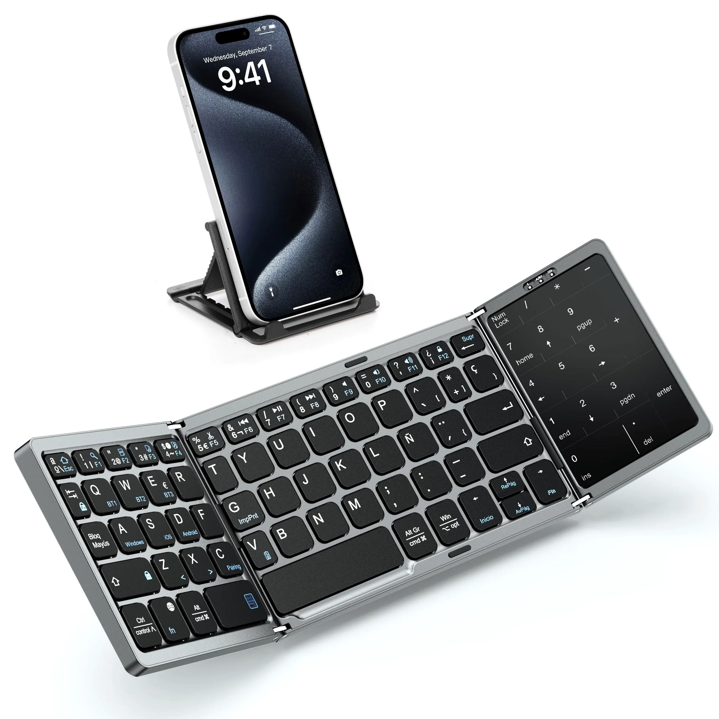 MoKo Tastiera Bluetooth Pieghevole, Spagnola Tastiera Portatile Pieghevole | con Touchpad e Tastiera Numerica, Wireless Tastiera Ricaricabile Multi-Dispositivo per Windows iOS Android Tablet/Phone