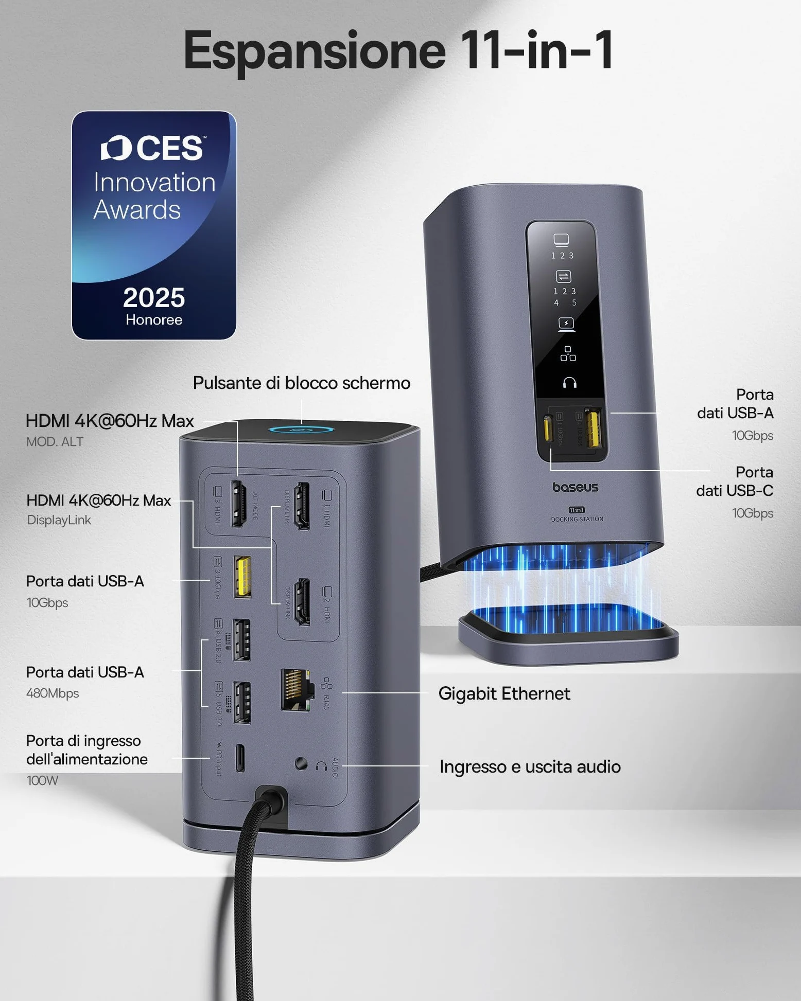 Baseus Docking Station USB C, Spacemate 11 in 1, [Displaylink per MacOS], 3 Monitor 4K, 10Gbps USB-C/A, PD 100W, Ethernet, Audio, per M1/M2/M3 e Win