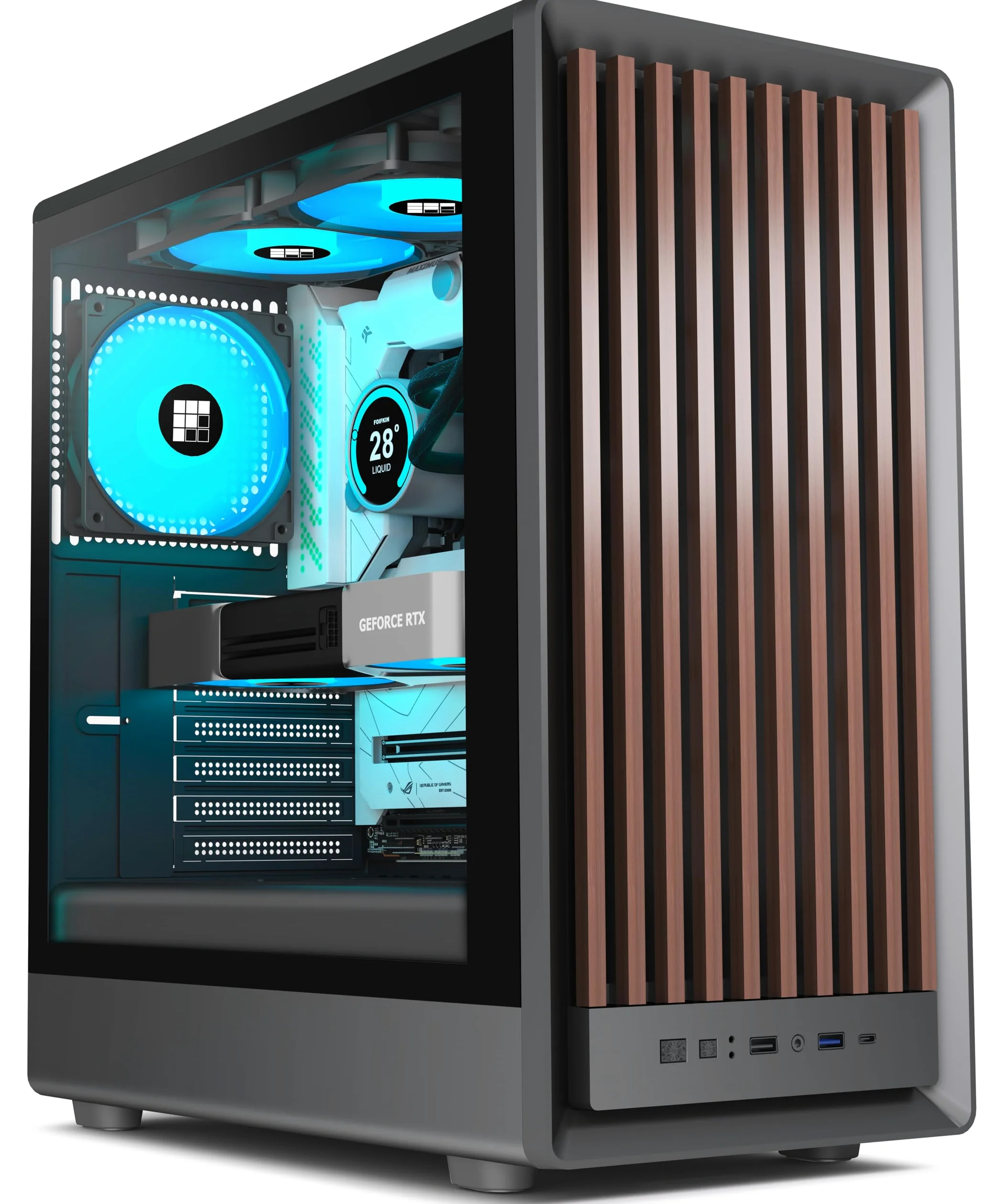 FOIFKIN M1 Case PC ATX con 4 Ventole PWM ARGB, Pannello anteriore in legno, Case Computer Mid-Tower, Alto flusso d'aria, Supporto radiatore 240 mm, Case ATX nero, Case PC gaming, Type-C (Nero, M1)