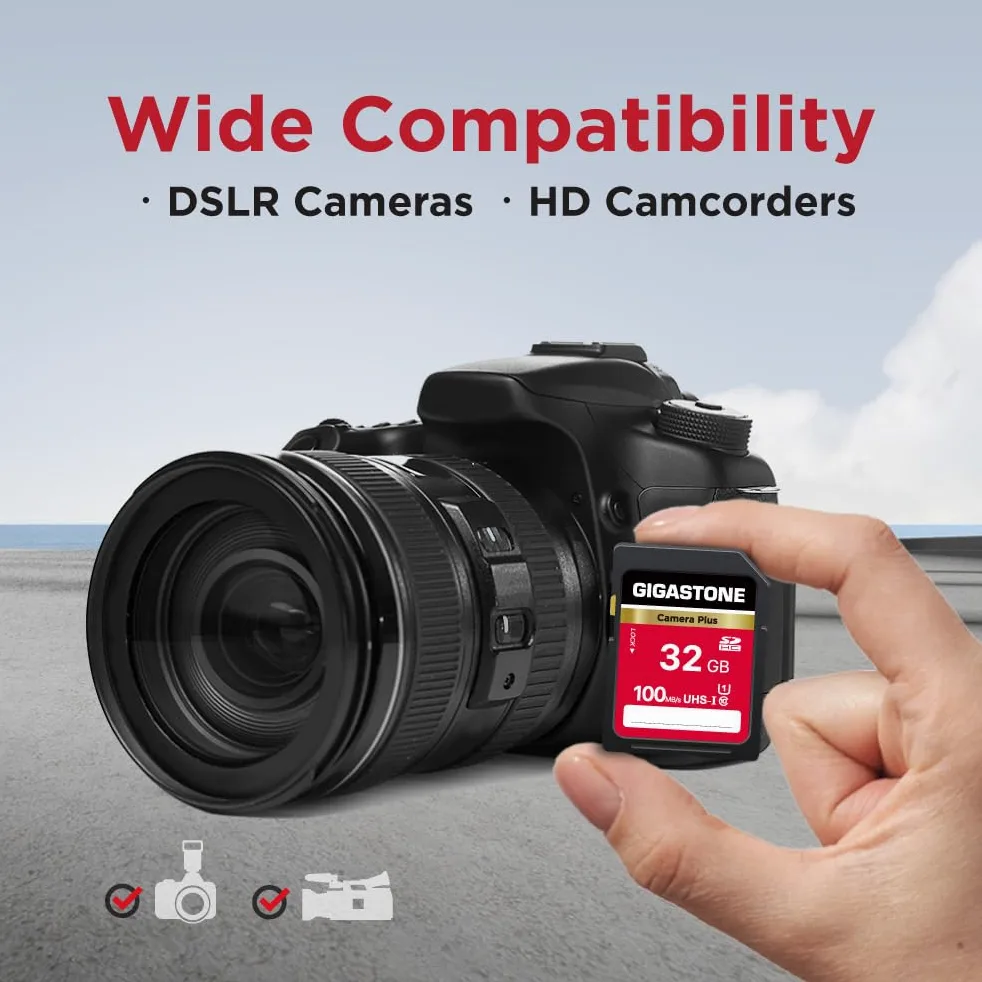 GIGASTONE Camera Plus, scheda di memoria SDHC UHS-I U1 classe 10, video Full HD per fotocamera digitale, con 2 mini custodie, 32 GB