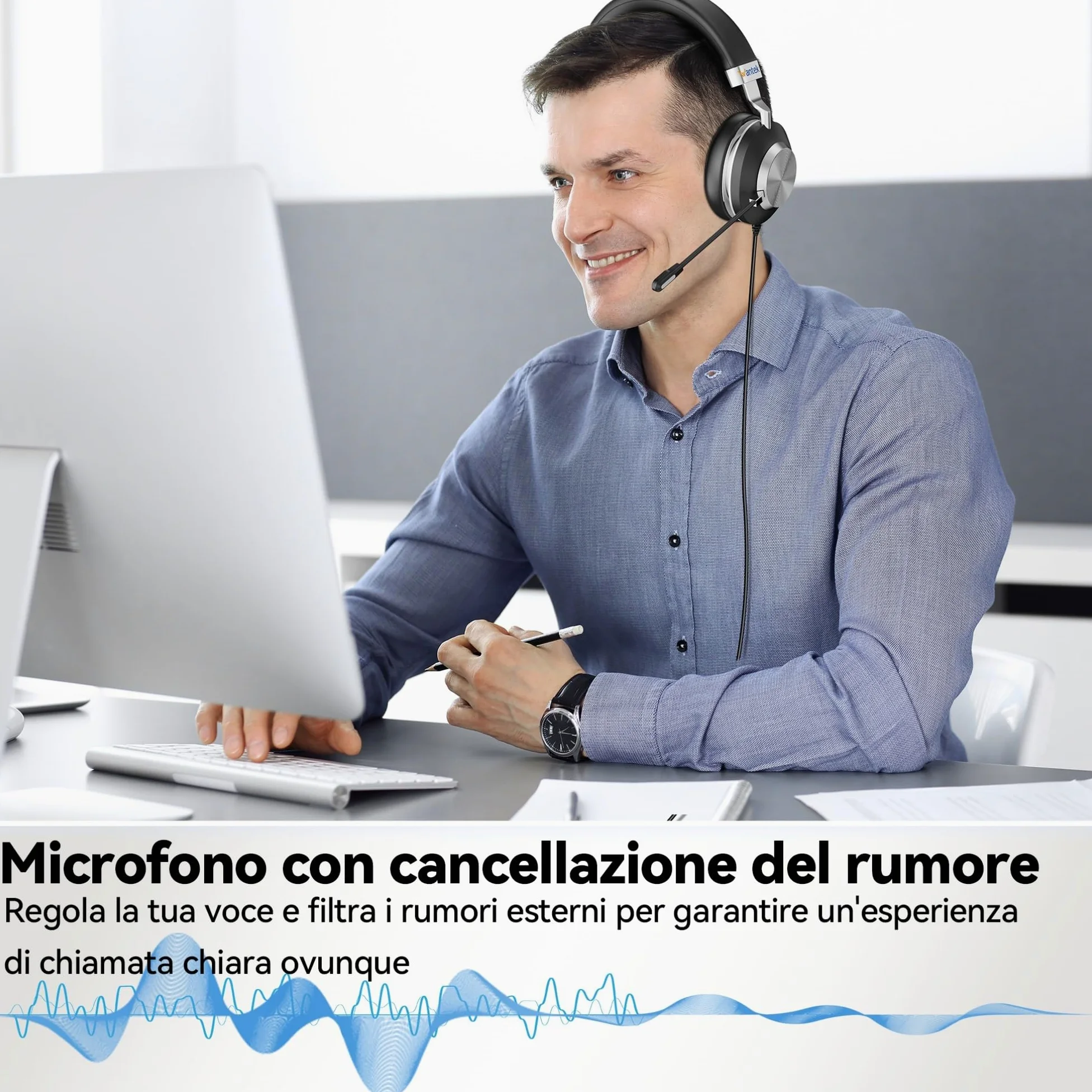 Wantek Cuffie USB con Microfono e Cancellazione Rumore,3-in-1 (USB A/Tipo C/Jack 3,5 mm) Cuffie con Filo per PC,Controllo Volume,Perfette per Call Center, Zoom,Home Office e Lezioni Online