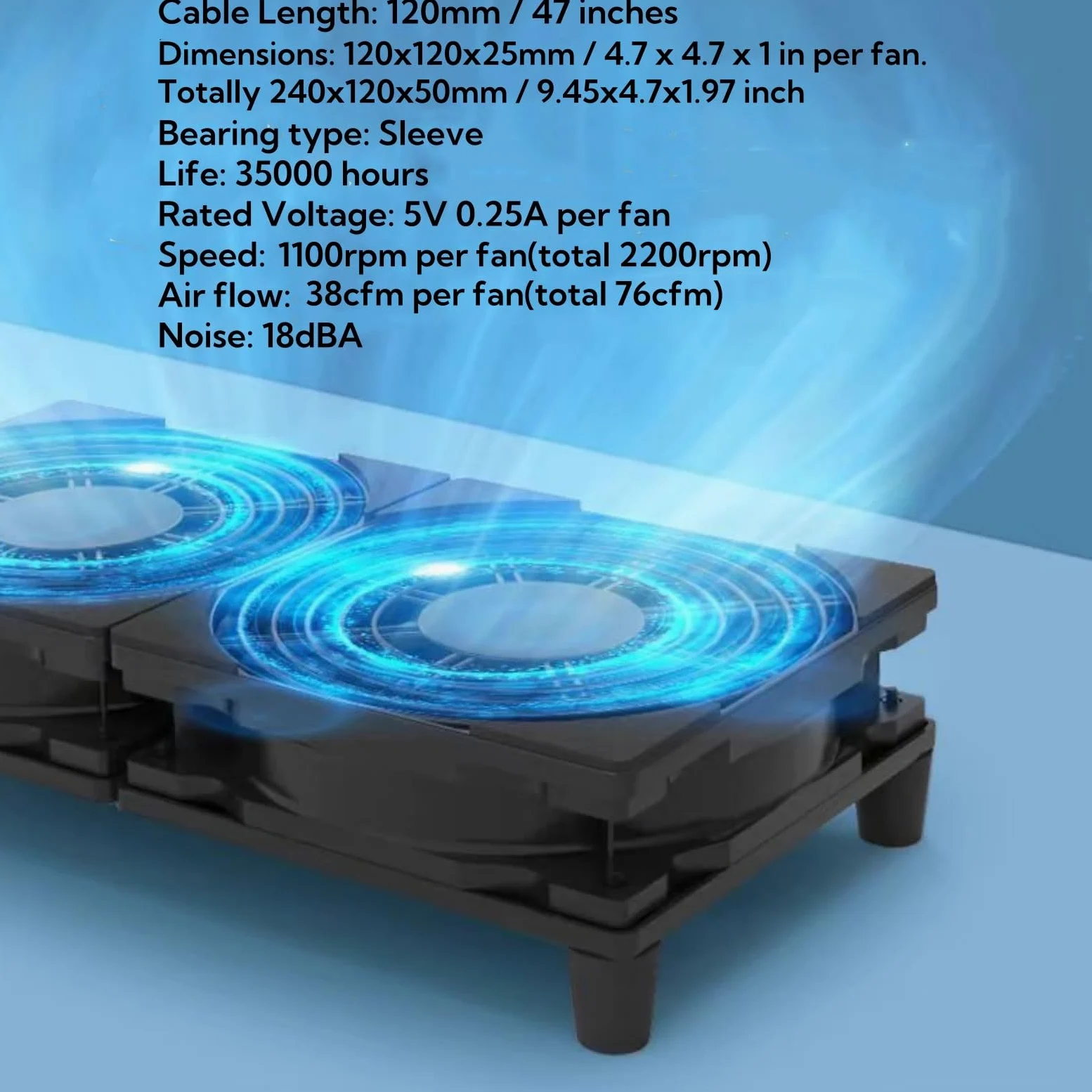 Ventola di raffreddamento silenziosa doppia USB da 5 V, 120 mm x 2 con cavo da 1200 mm, 76 CFM, raffreddamento del flusso d'aria per router, computer, Mac Mini, PlayStation, rack fai da te per