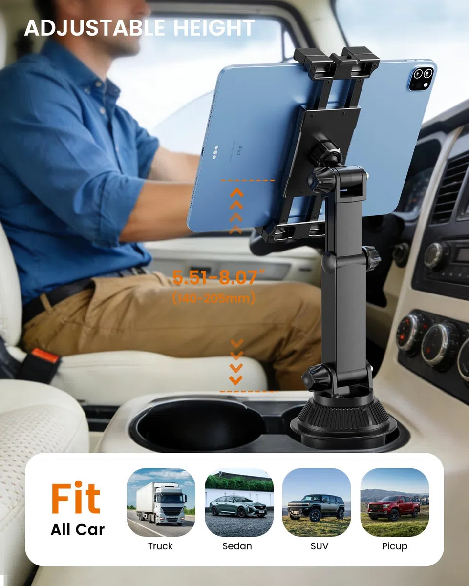 OHLPRO Supporto per tablet per auto, supporto per iPad, compatibile con iPad da 5 a 17", tablet, supporto per bicchieri da auto con braccio girevole regolabile e flessibile, accessorio per auto per