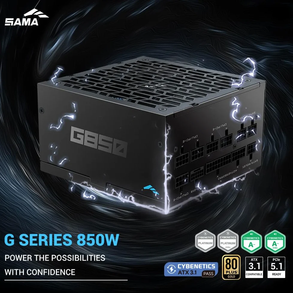 SAMA G850 Alimentatore – 850W Full Modulare,80 PLUS Gold, Compatibile ATX 3.1 & PCIe 5.1, Condensatori Giapponesi, Ventola FDB 150 mm, Supporto GPU RTX Serie 50/40 - Nero