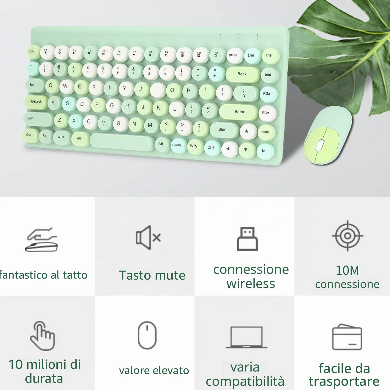 Jectse Tastiera e Mouse Wireless 2,4 GHz - Combo Ergonomico Con Tastiera Retrò Per Macchina Da Scrivere e Mouse 1200 DPI - Per Computer (Verde)