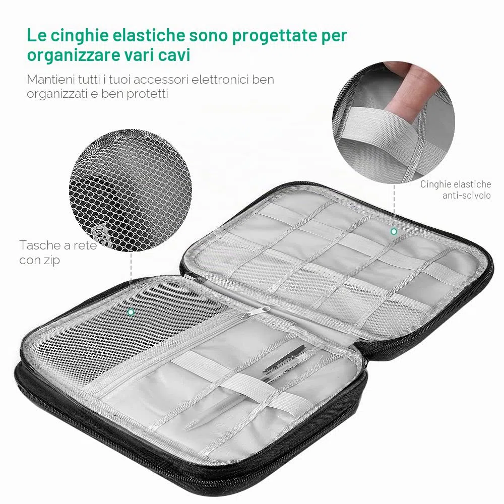 HCFGS Organizer Cavi, Borsa da Viaggio Custodia Cavi Resistente All'acqua Borsa da Piccoli con Braccialetto Pochette Antiurto per Cavi USB, Schede SD, Caricabatterie, Hard Disk (Nero)