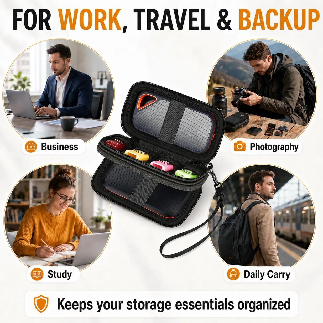GWCASE Custodia Dual SSD per SanDisk Extreme Portable & Extreme PRO, per Crucial | Adatto per SanDisk 1TB/2TB/4TB/8TB, per Crucial X9 X10 Pro & SD Card Studenti Ufficio Viaggi di lavoro (solo borsa) Nero