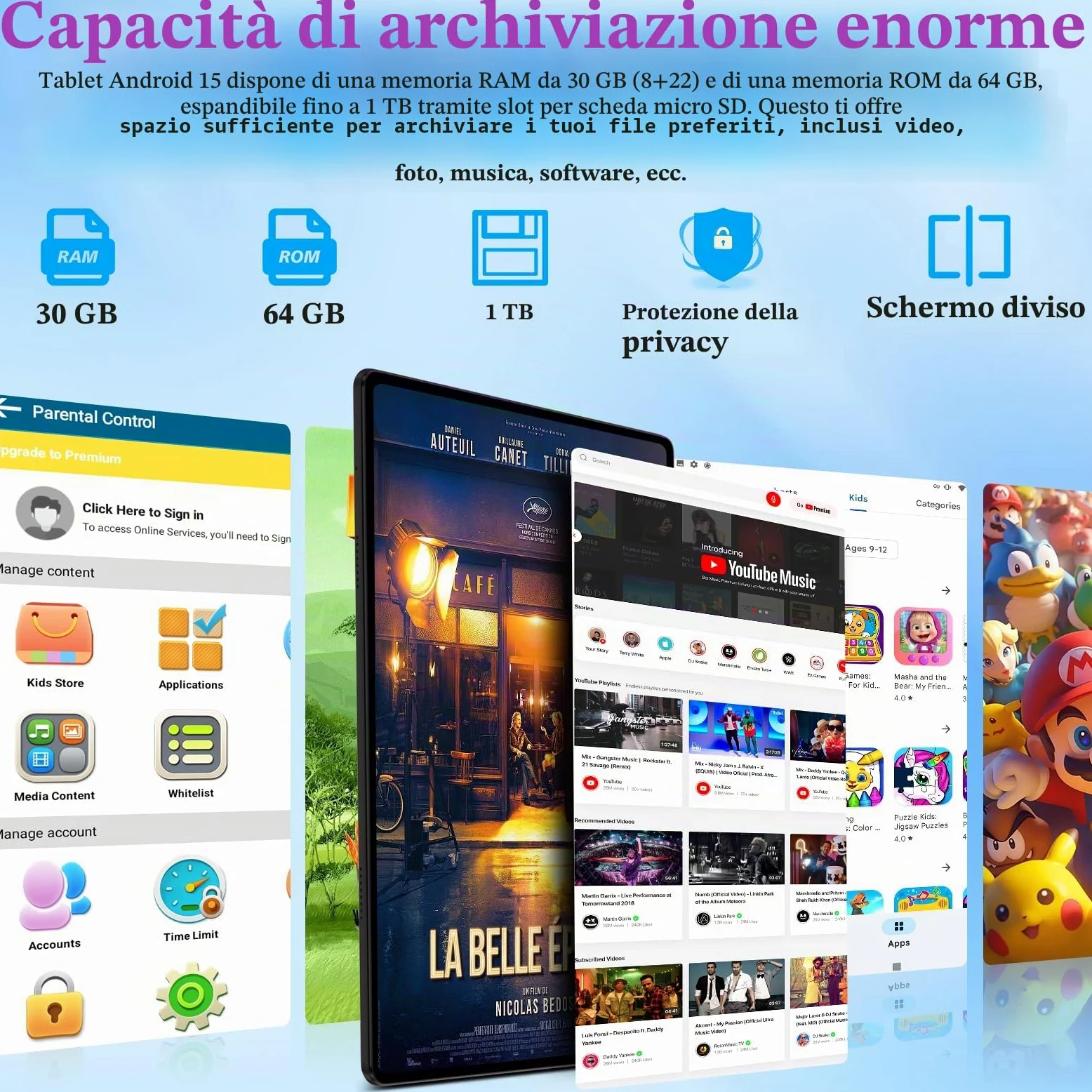 ZIOVO Tablet Bambini 10 Pollici Tablets Android 15, 30GB RAM+64GB ROM(TF 2TB), 5G WiFi Tablets,Gemini AI/Octa-Core/Widevine L1/Face ID/Parentale Controllo/6000 mAh/BT 5.0, Tablet con Eva Caso - Rosa