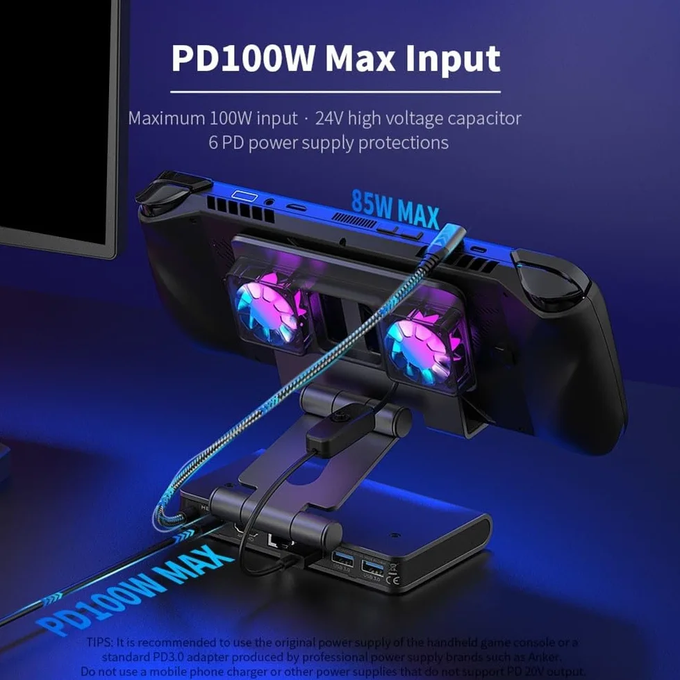 Docking station con ventole di raffreddamento per console portatili | HDMI 4K a 144Hz | Ricarica rapida 85W | Gigabit Ethernet | Hub USB 3.1 | Compatibile con Ally-X| Deck| Per (nero)