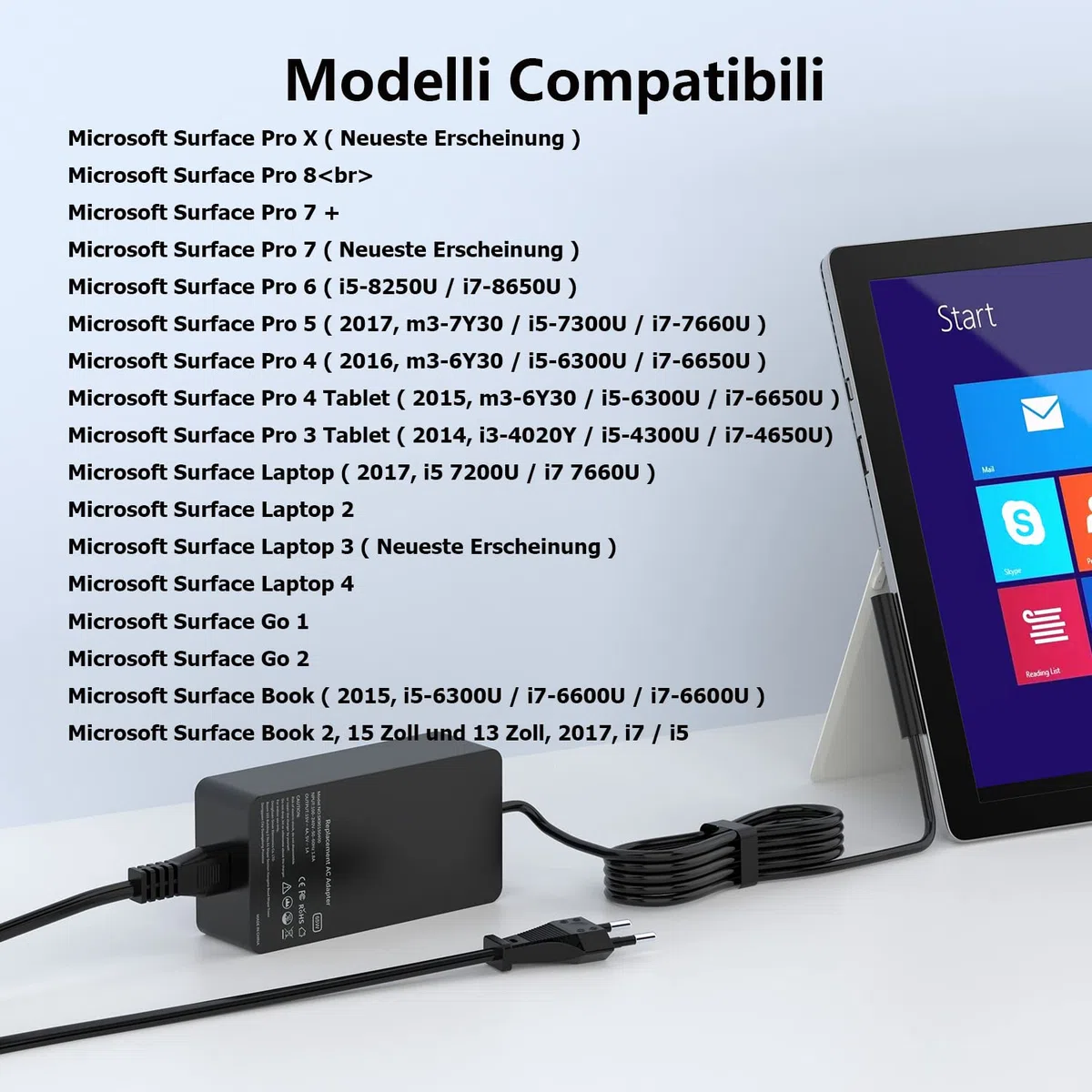 Caricatore Surface Pro 65W 15V 4A Alimentatore per Microsoft Surface Pro 8/7/6/5/4/3/X, Surface Laptop 1/2/3/4, Surface Book 1/2, Surface Go 1/2 Tablet Windows 1796 1800 Caricabatterie con Port USB